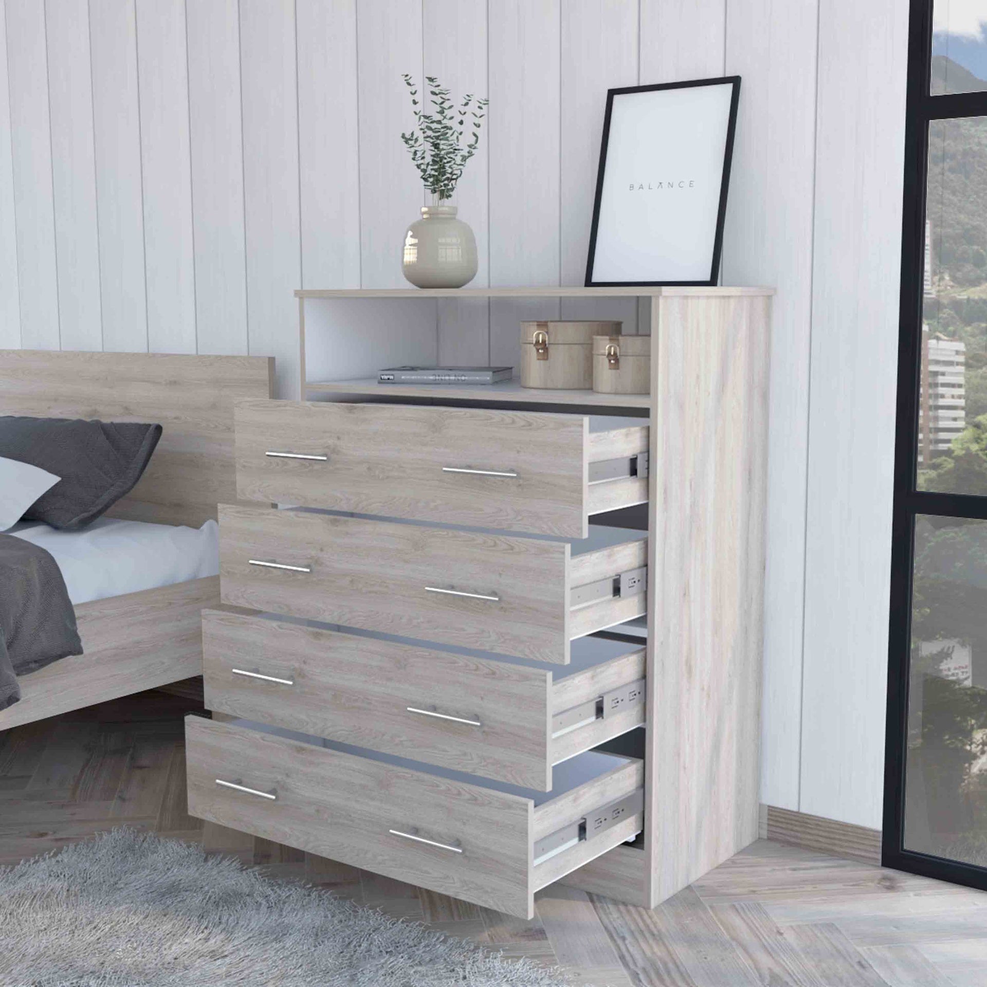 Lagos Four Drawer Dresser, One Shelf, Superior Top, Light Grey and White