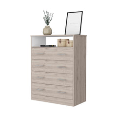 Lagos Four Drawer Dresser, One Shelf, Superior Top, Light Grey and White