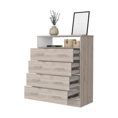Lagos Four Drawer Dresser, One Shelf, Superior Top, Light Grey and White