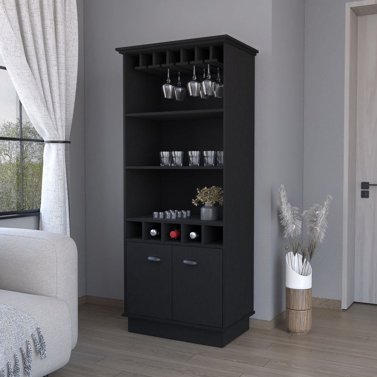 FM FURNITURE Sophia Bar Cabinet with Glassware Rack and Five Bottle Racks, Black