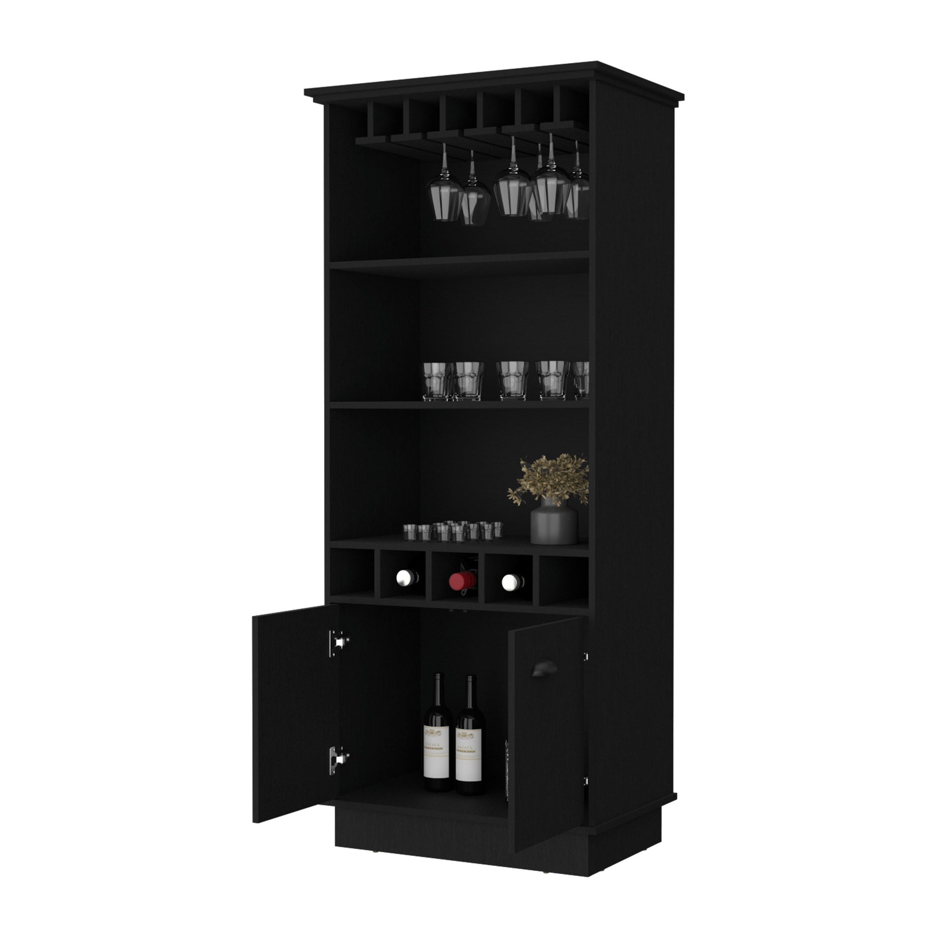 FM FURNITURE Sophia Bar Cabinet with Glassware Rack and Five Bottle Racks, Black