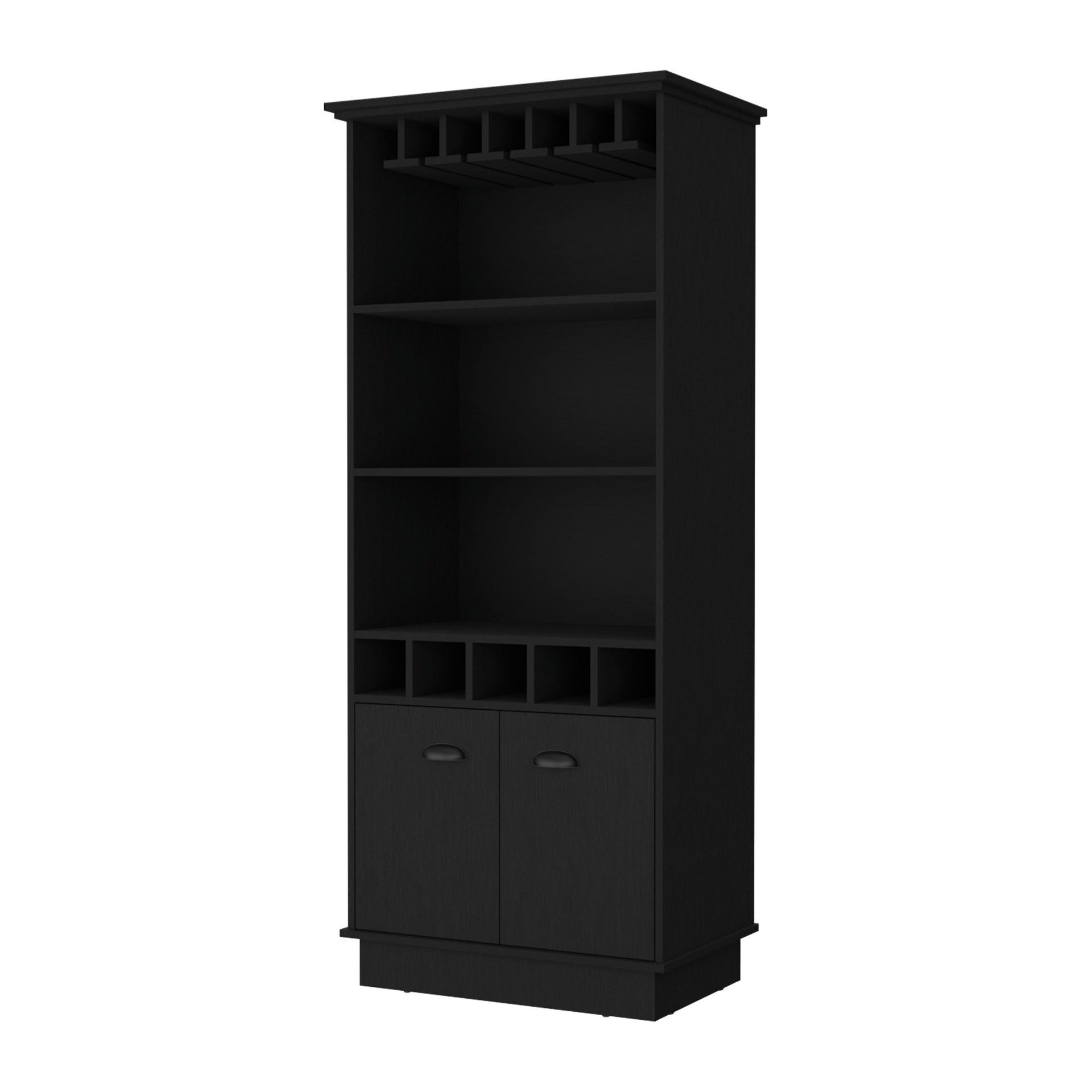 FM FURNITURE Sophia Bar Cabinet with Glassware Rack and Five Bottle Racks, Black