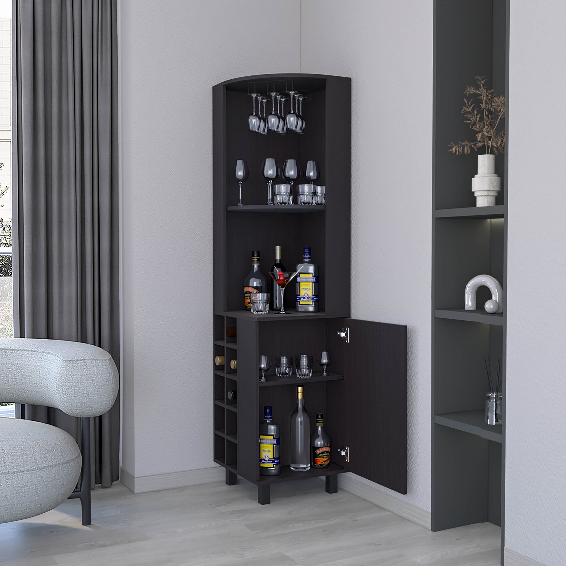 FM FURNITURE Leah Corner Bar cabinet with ample storage and wine rack. Wengue