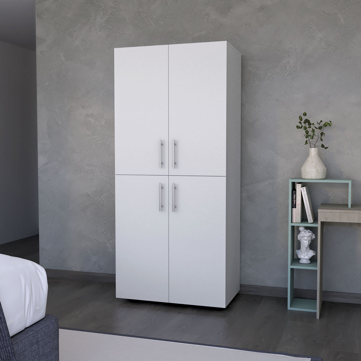 Hazel Armoire in melamine with 2 doors , 4 shelves and 2 clothes hanging bar