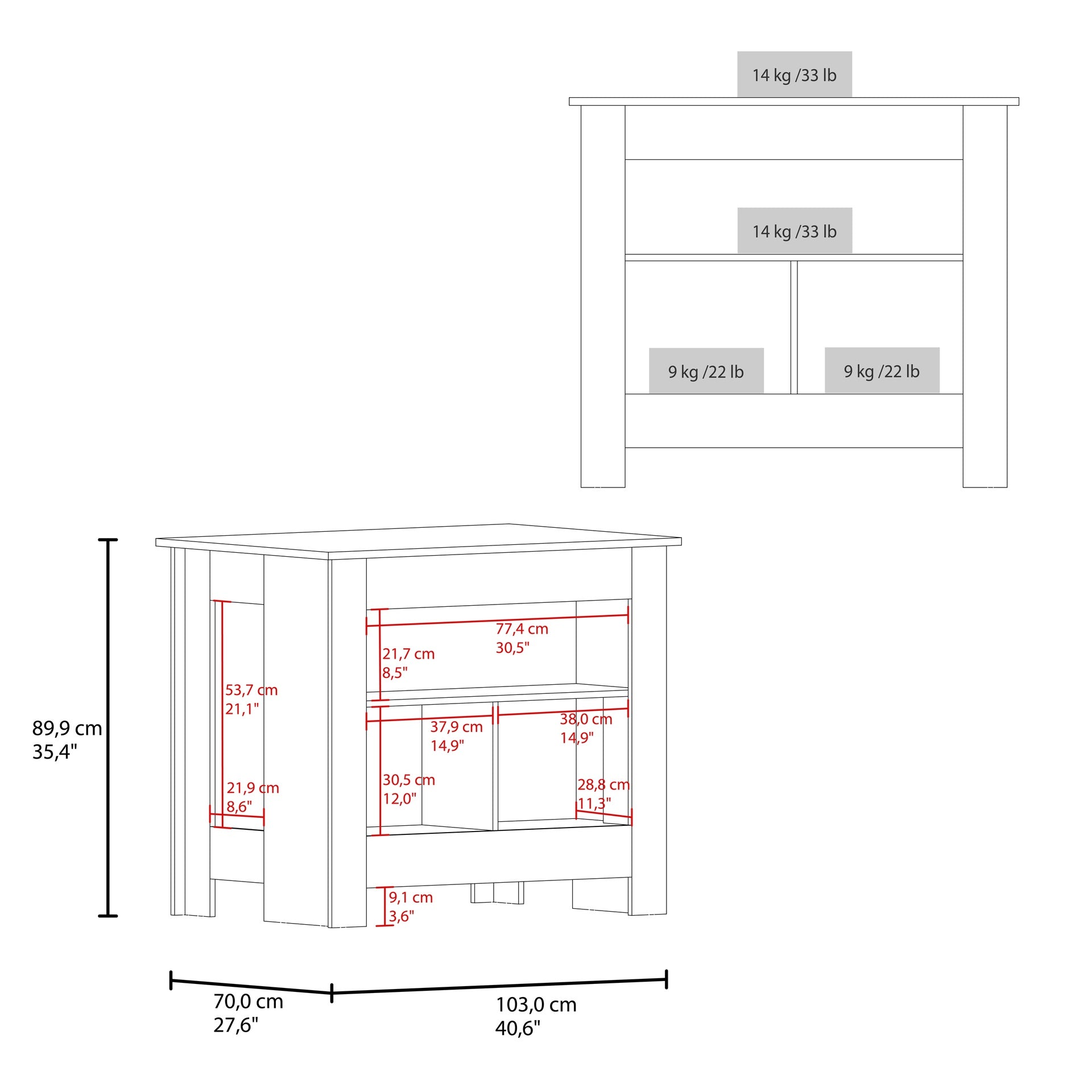 Theba Kitchen Island, whit 2 doors, 3 shelves