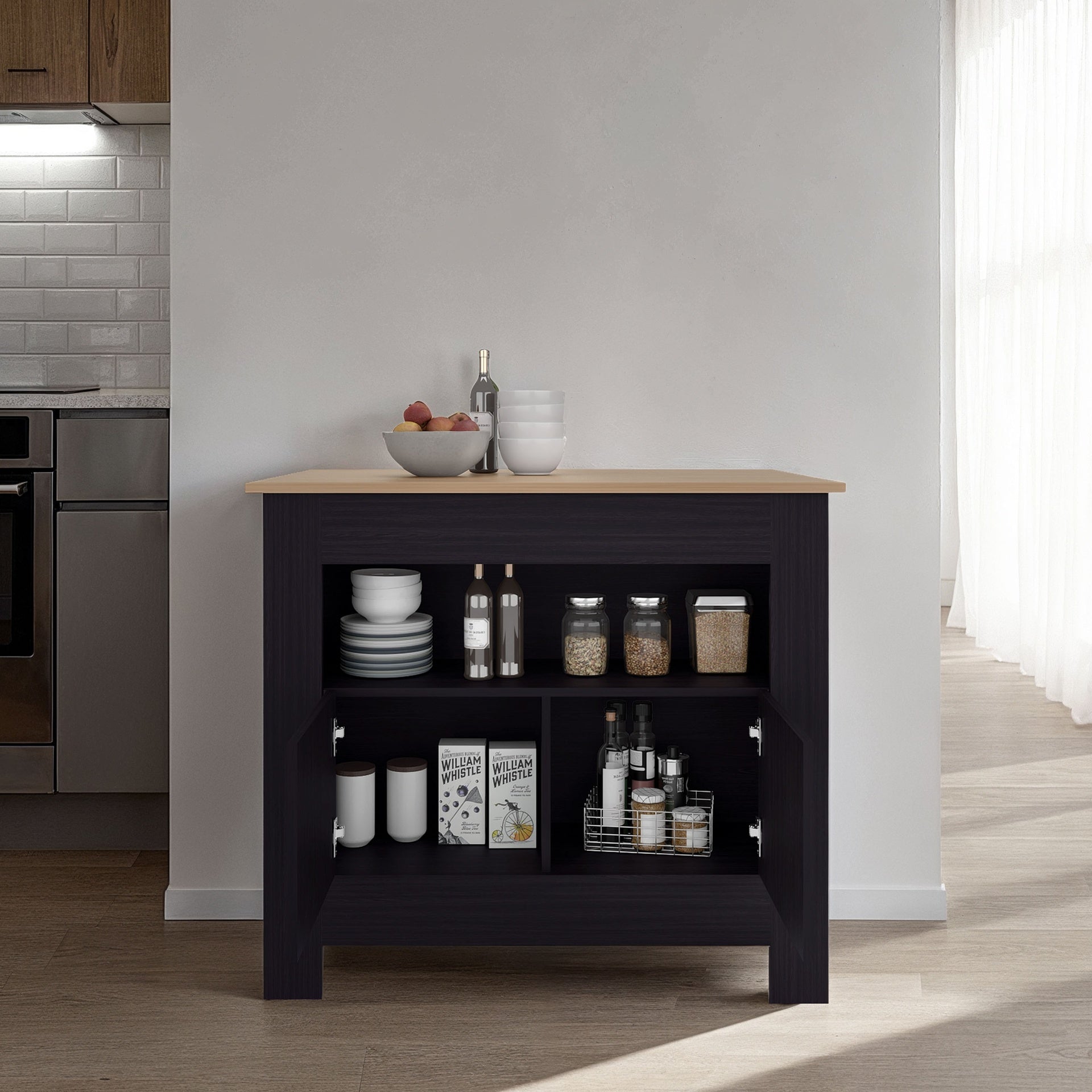 Theba Kitchen Island, whit 2 doors, 3 shelves