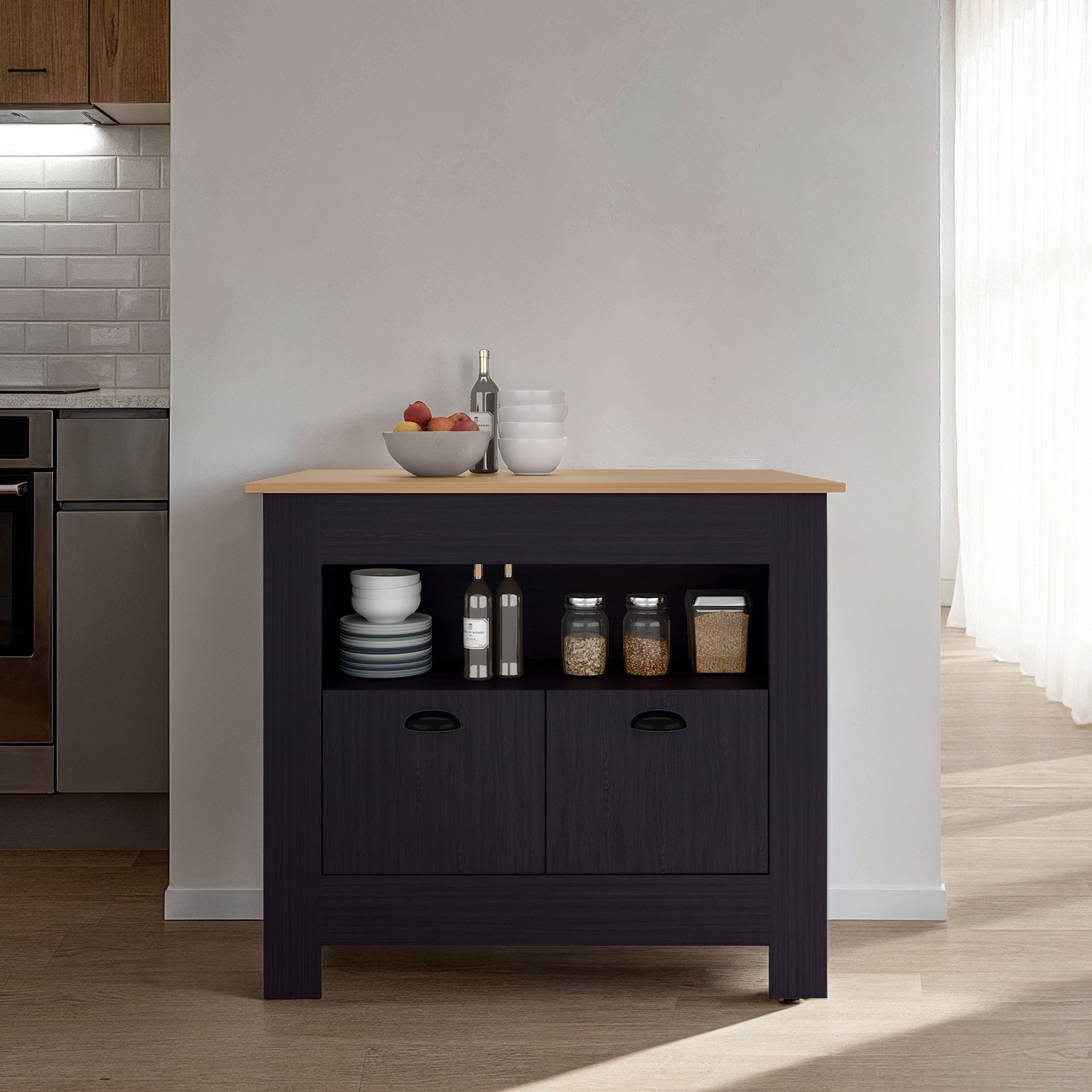 Theba Kitchen Island, whit 2 doors, 3 shelves