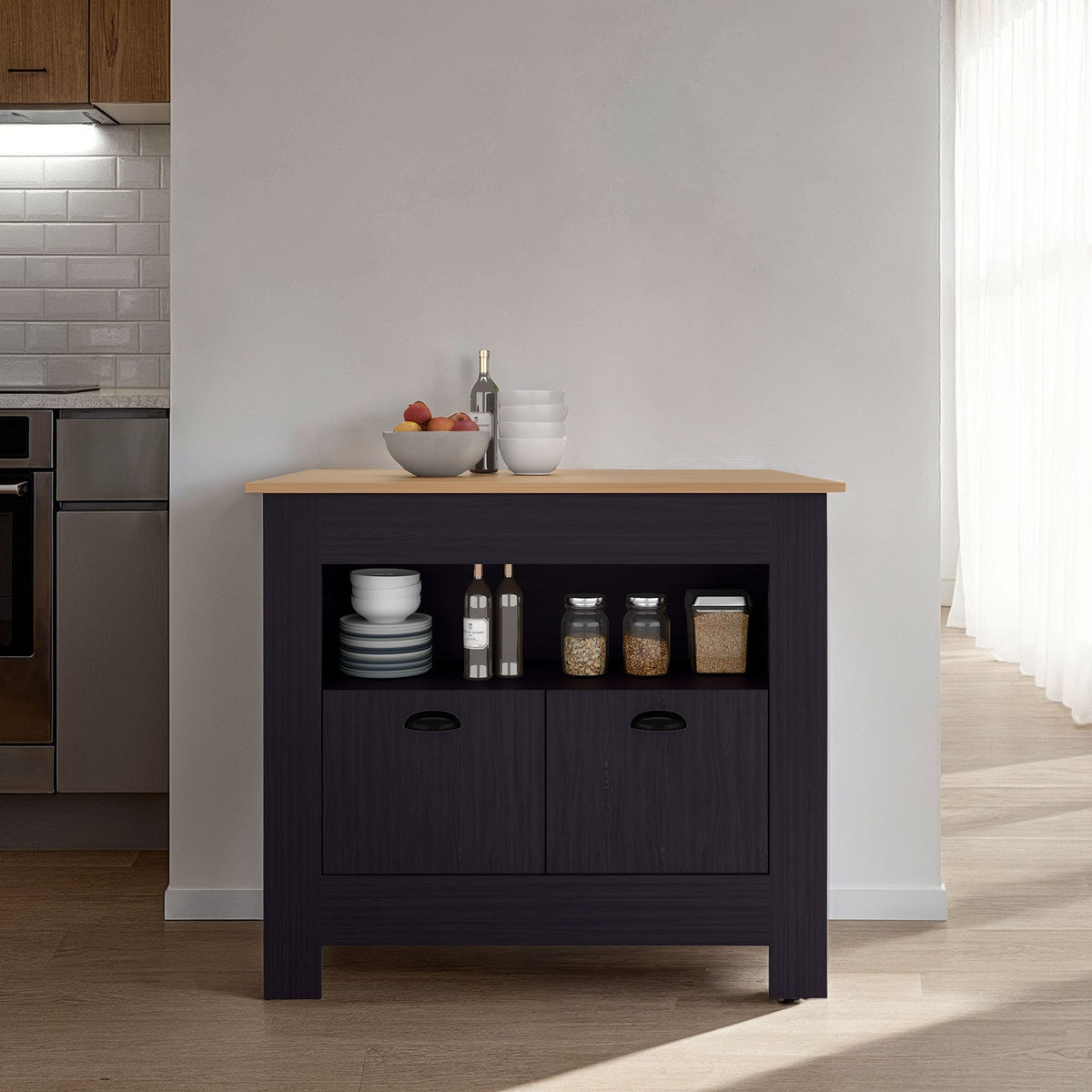 Theba Kitchen Island, whit 2 doors, 3 shelves