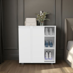 Gitano Shoe Storage Cabinet, 2 Doors, 8  Enclosed Shelves, 3 Open Side Shelves, Freestanding Design, Entryway or Bedroom Use, White