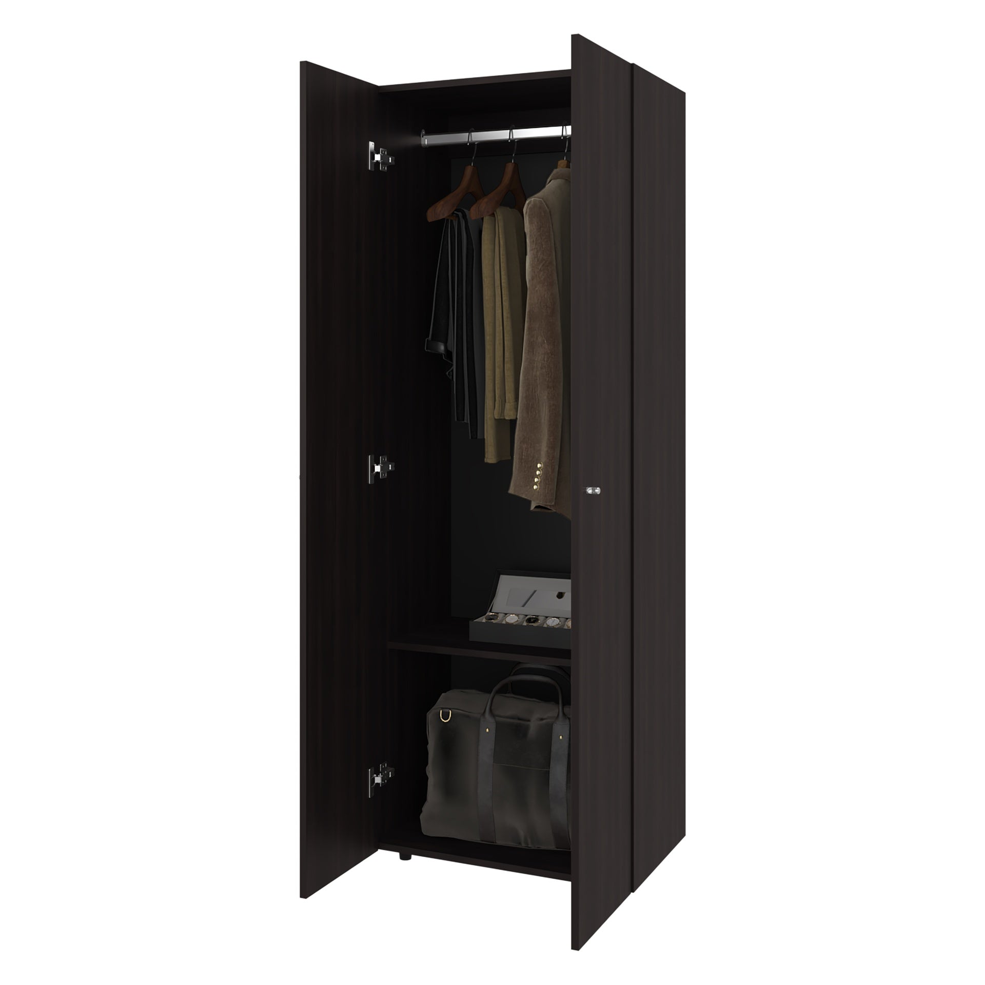 FM FURNITURE Basin  2-Door Tall Wardrobe Cabinet 66.9 inchH,  Bedroom, Stained Walnut