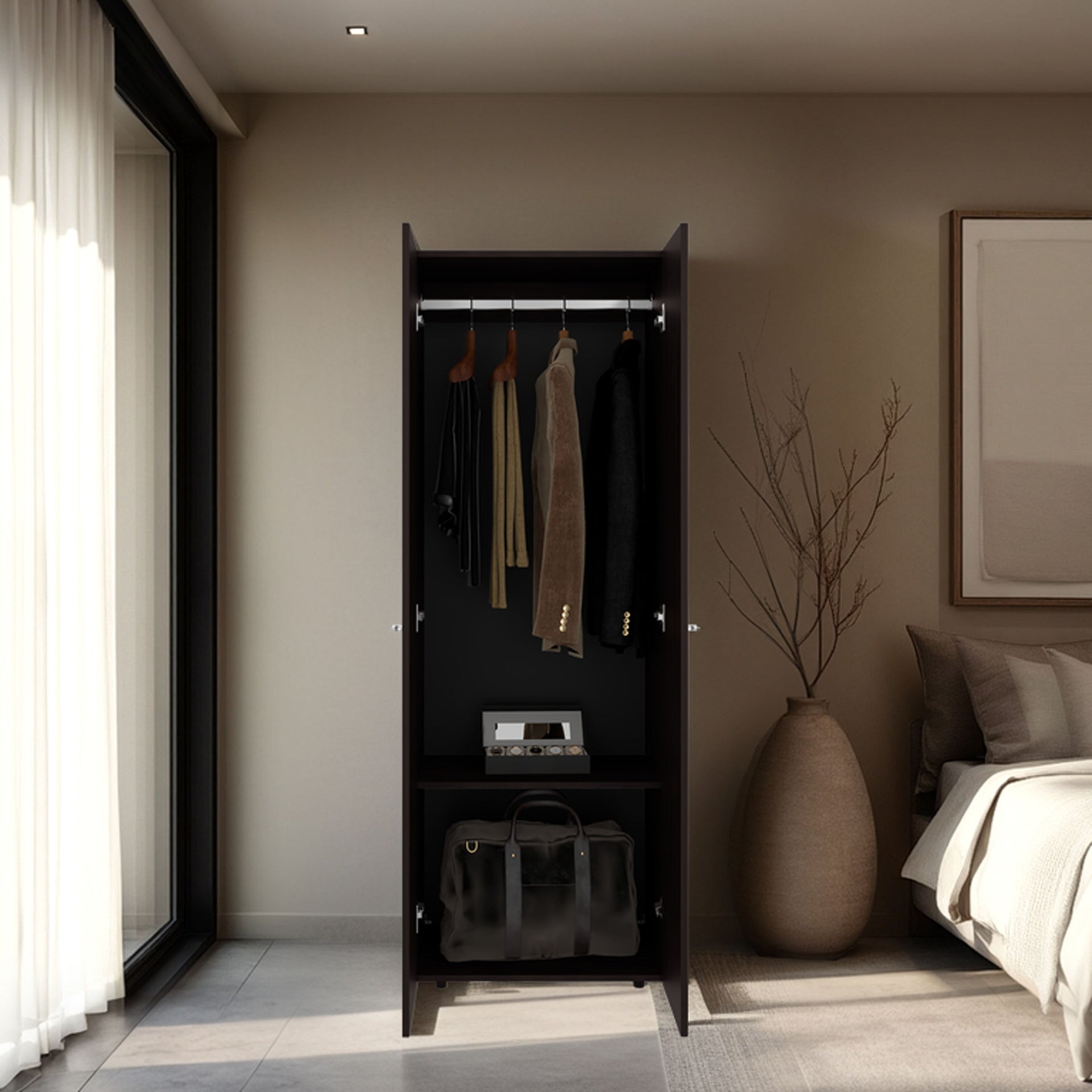 FM FURNITURE Basin  2-Door Tall Wardrobe Cabinet 66.9 inchH,  Bedroom, Stained Walnut