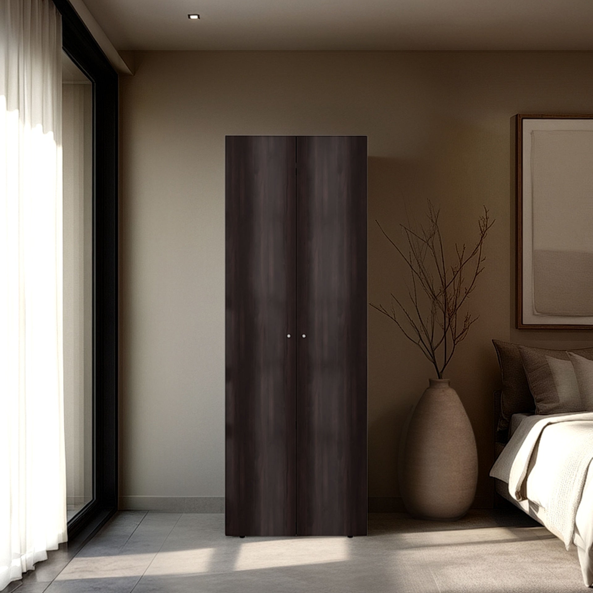 FM FURNITURE Basin  2-Door Tall Wardrobe Cabinet 66.9 inchH,  Bedroom, Stained Walnut