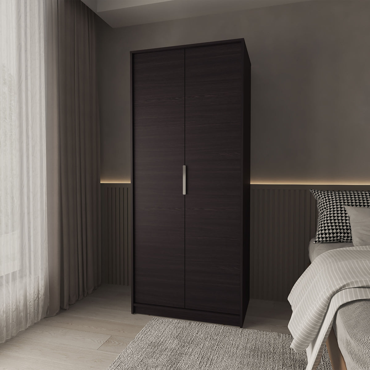 Wardrobe Berlin, Two Doors, Hanging Rod, Two Shelves, Shoe Rack, Bedroom, Wengue