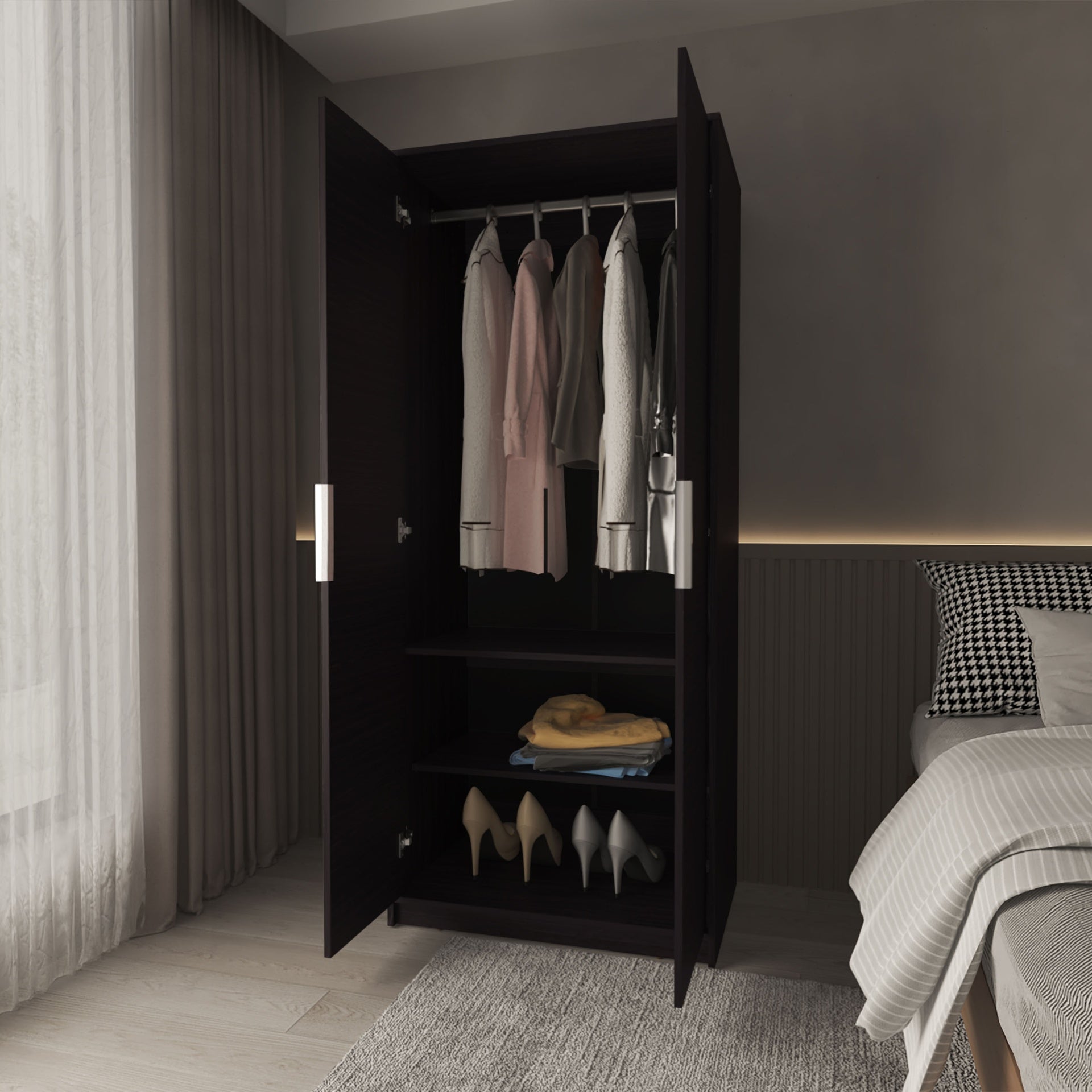 Wardrobe Berlin, Two Doors, Hanging Rod, Two Shelves, Shoe Rack, Bedroom, Wengue