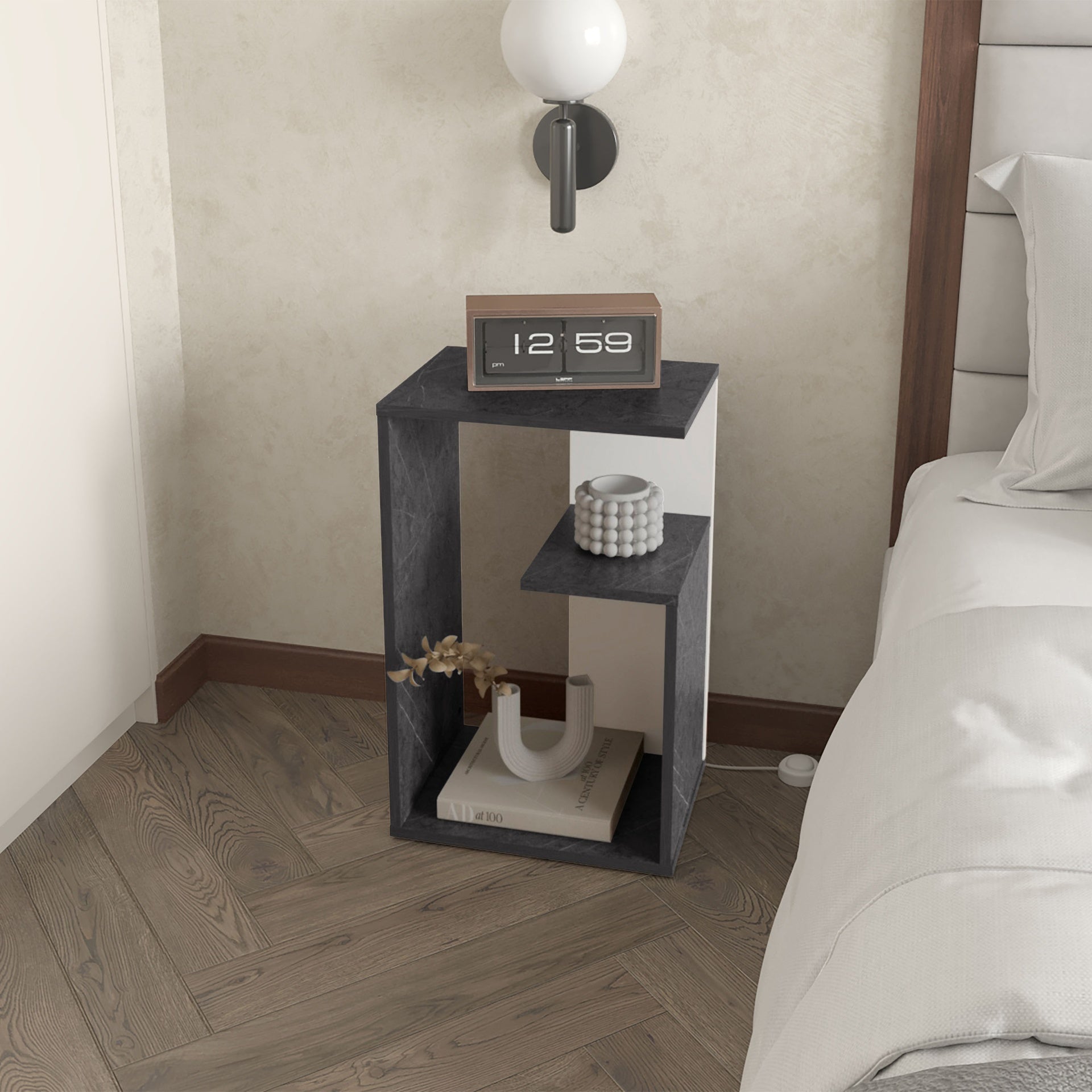 FM FURNITURE Vega Side Table in melamine with open storage,Onix and White