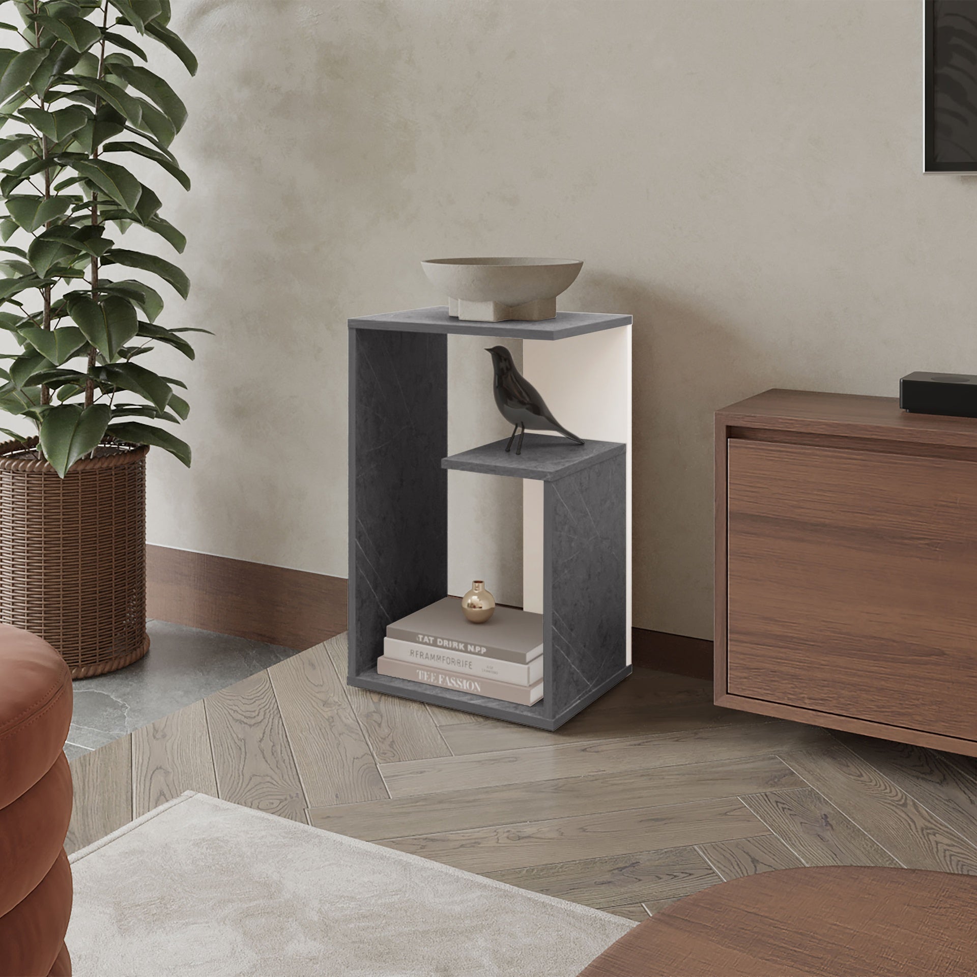 FM FURNITURE Vega Side Table in melamine with open storage,Onix and White