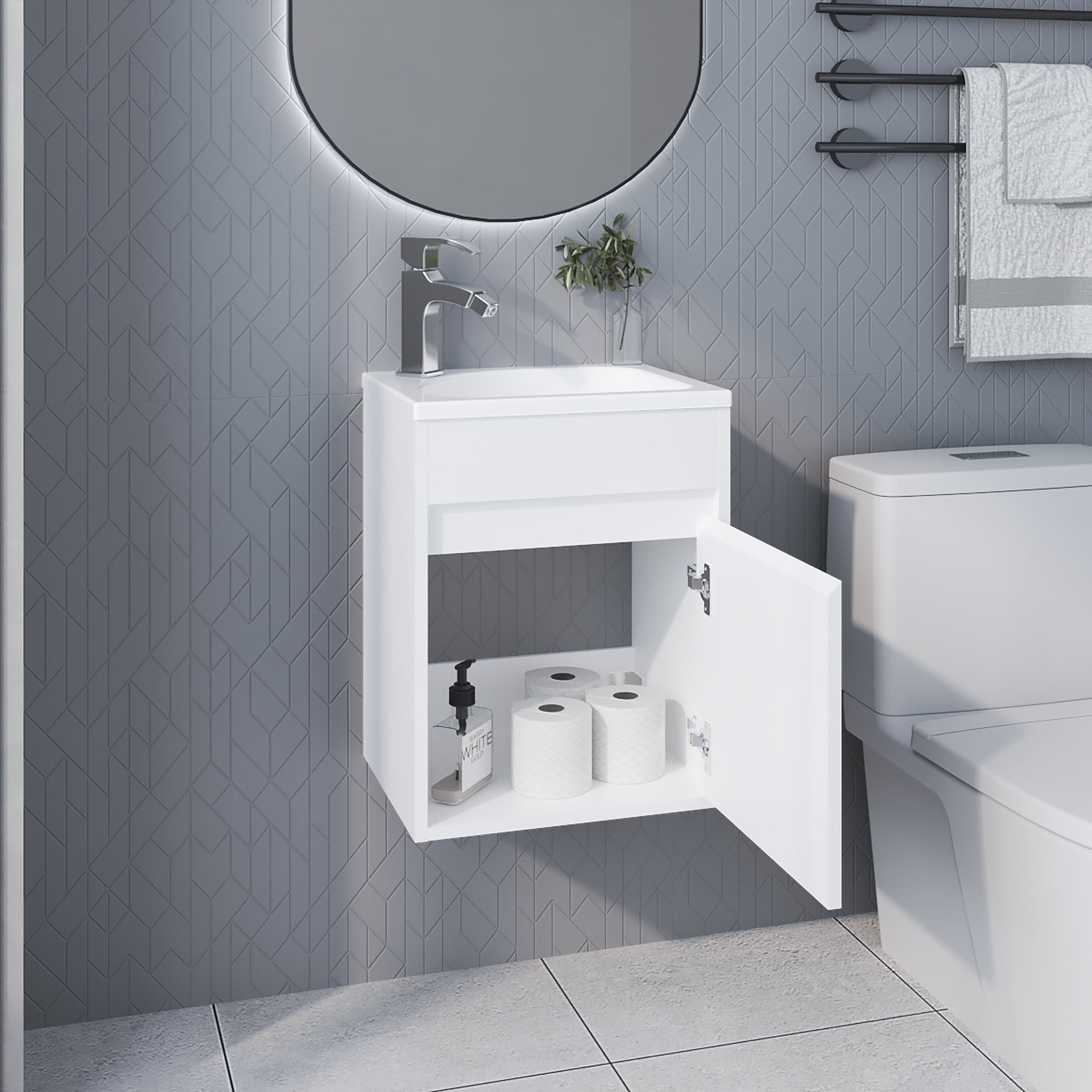 FM FURNITURE  Florence Bathroom Floating Vanity with Sink, 1 Door, White