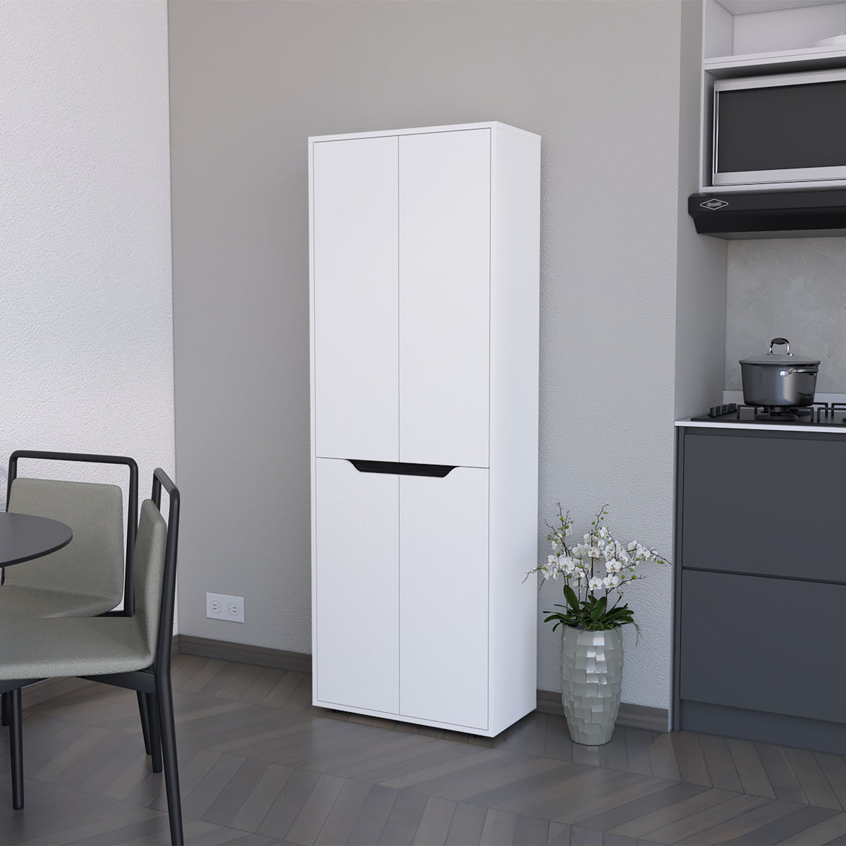 FM FURNITURE Keyser Multistorage Kitchen Pantry with 5 Shelves and 4 Doors, White/Black