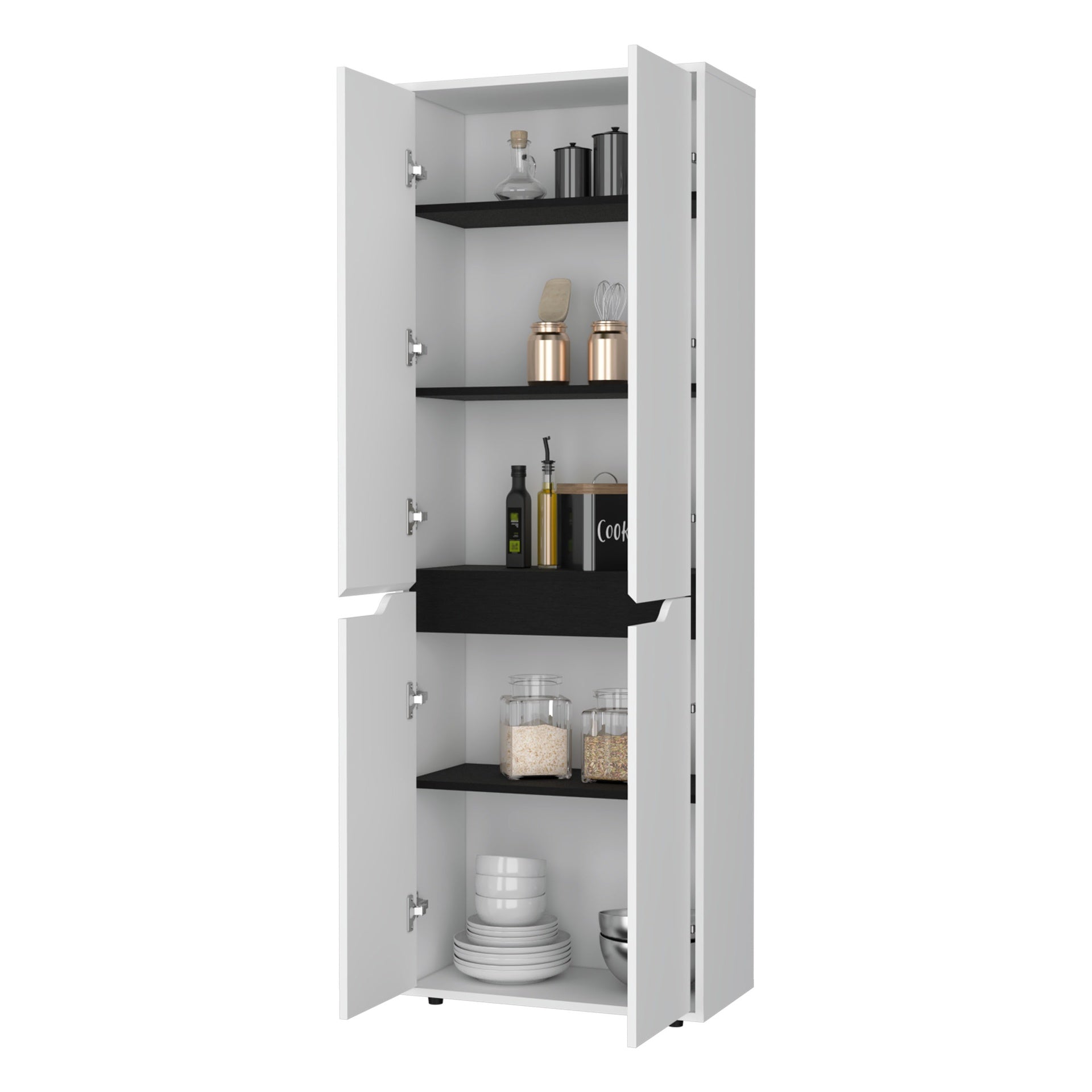 FM FURNITURE Keyser Multistorage Kitchen Pantry with 5 Shelves and 4 Doors, White/Black