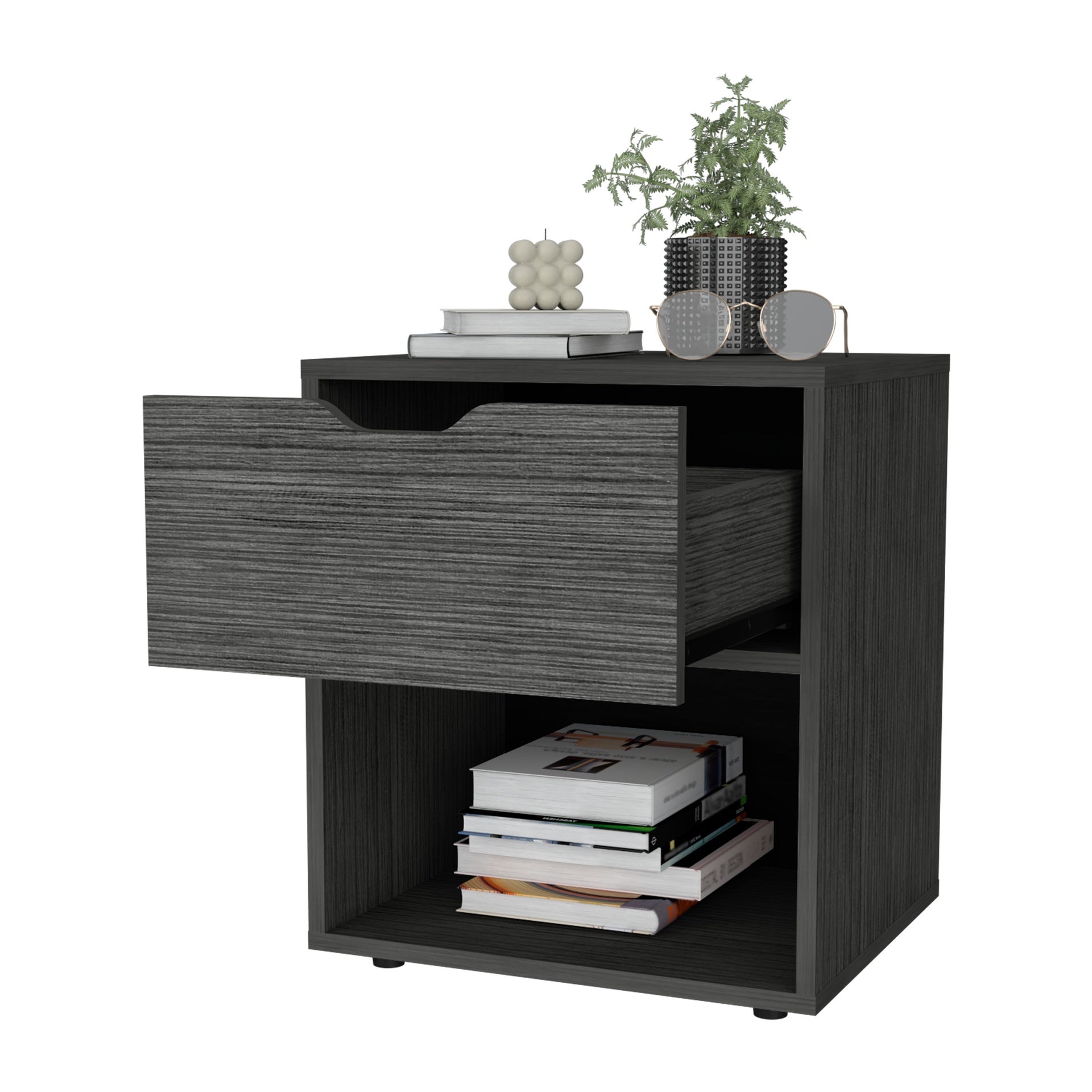 FM FURNITURE Elliott Nightstand with Elegant Drawer and Open Shelf, Ligth Gray
