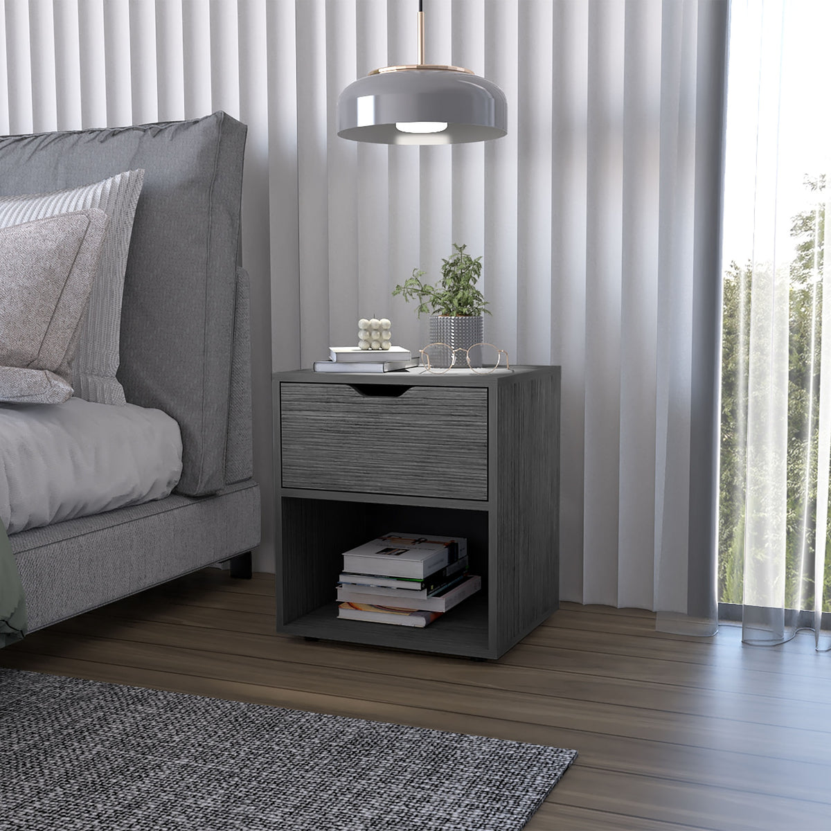 FM FURNITURE Elliott Nightstand with Elegant Drawer and Open Shelf, Ligth Gray