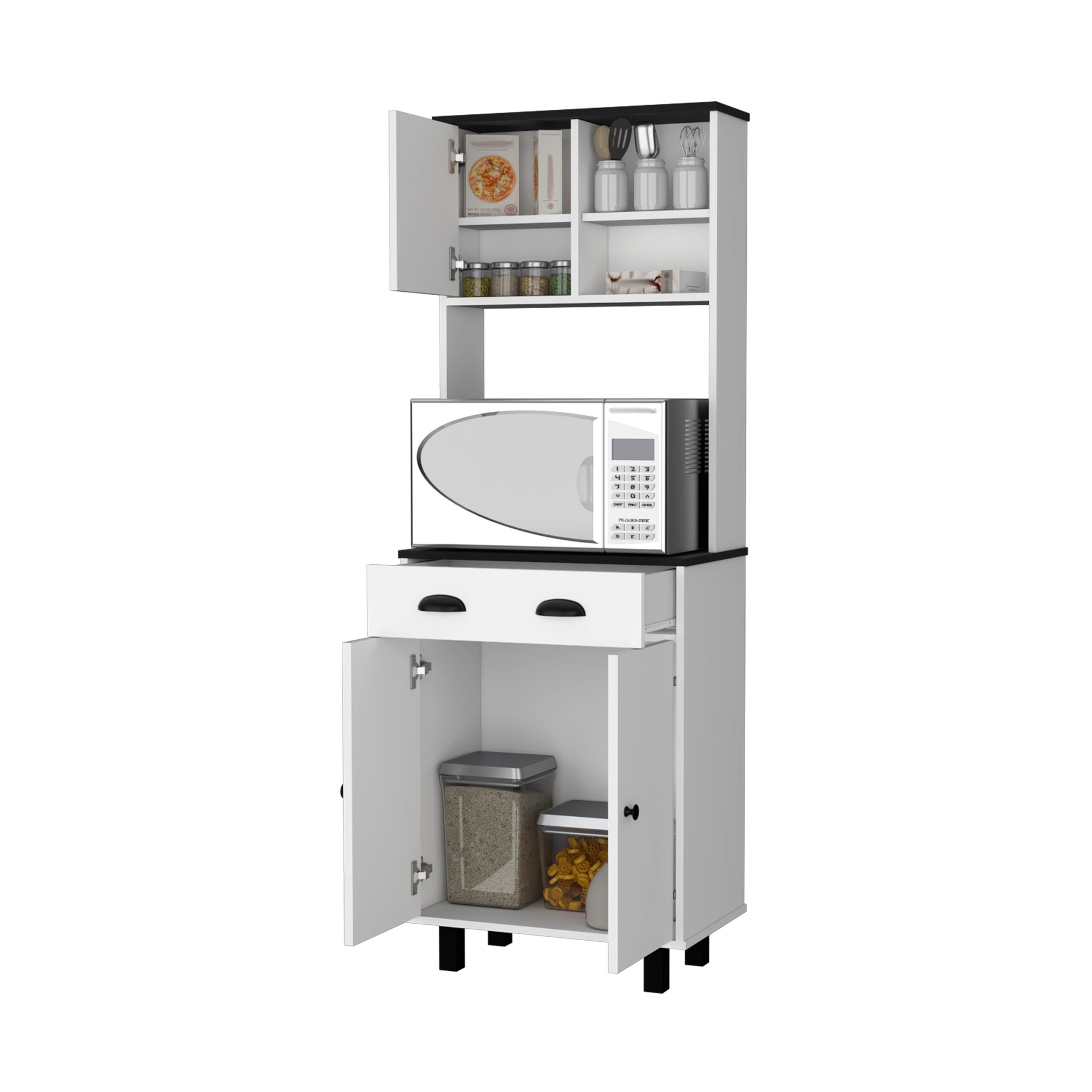 FM FURNITURE Tacna Kitchen Pantry with ample storage, 2 open shelves, 1 drawer, 1 cabinet, 2 shelves, White+wengue