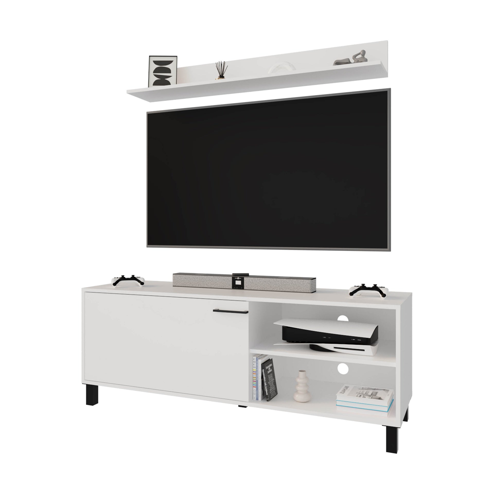 FM FURNITURE Bitter Springs Tv Stand 65" in melamine with Open Storage,pneumatic arms and 1 Door, White