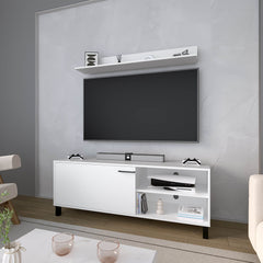 FM FURNITURE Bitter Springs Tv Stand 65" in melamine with Open Storage,pneumatic arms and 1 Door, White