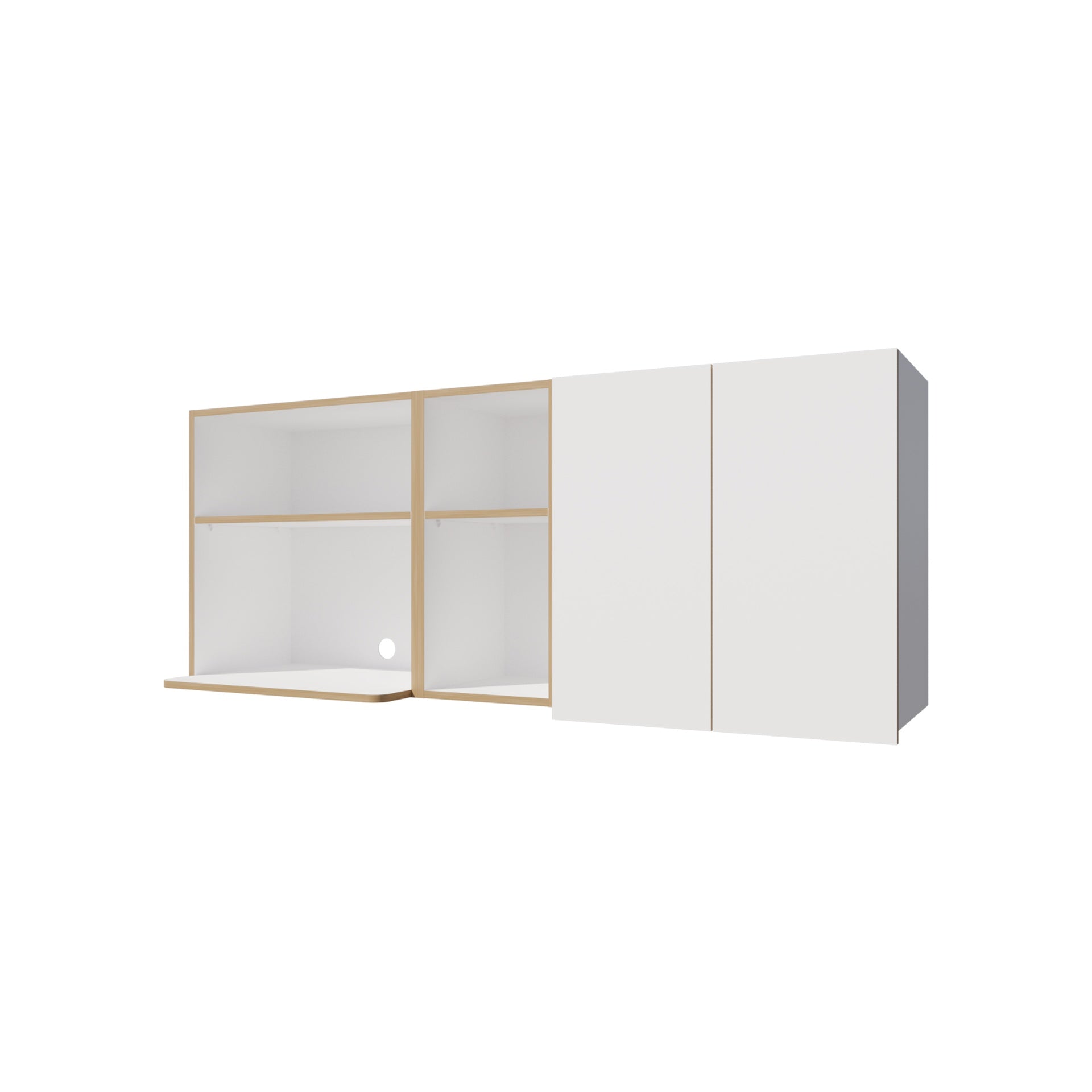 Wall-Mounted Kitchen Cabinet with Microwave Space, Open Shelves, and Double Doors – Natural Oak and White