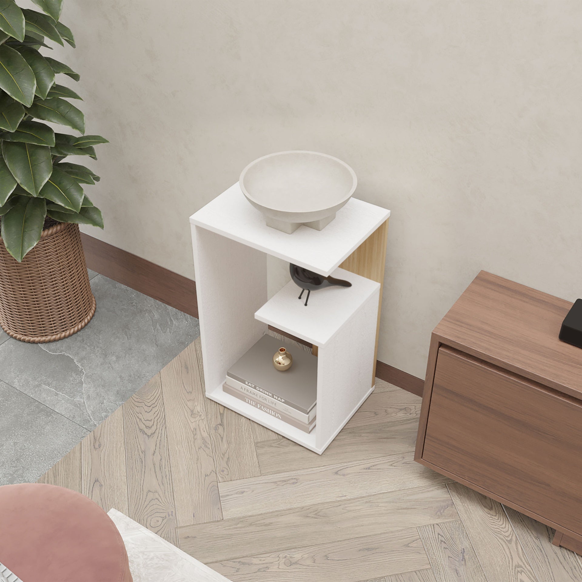 Vega Side Table in Melamine with Open Storage, White and Light Oak
