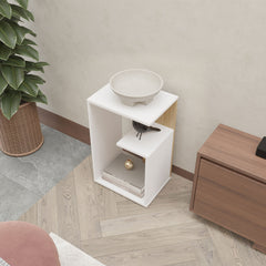 Vega Side Table in Melamine with Open Storage, White and Light Oak
