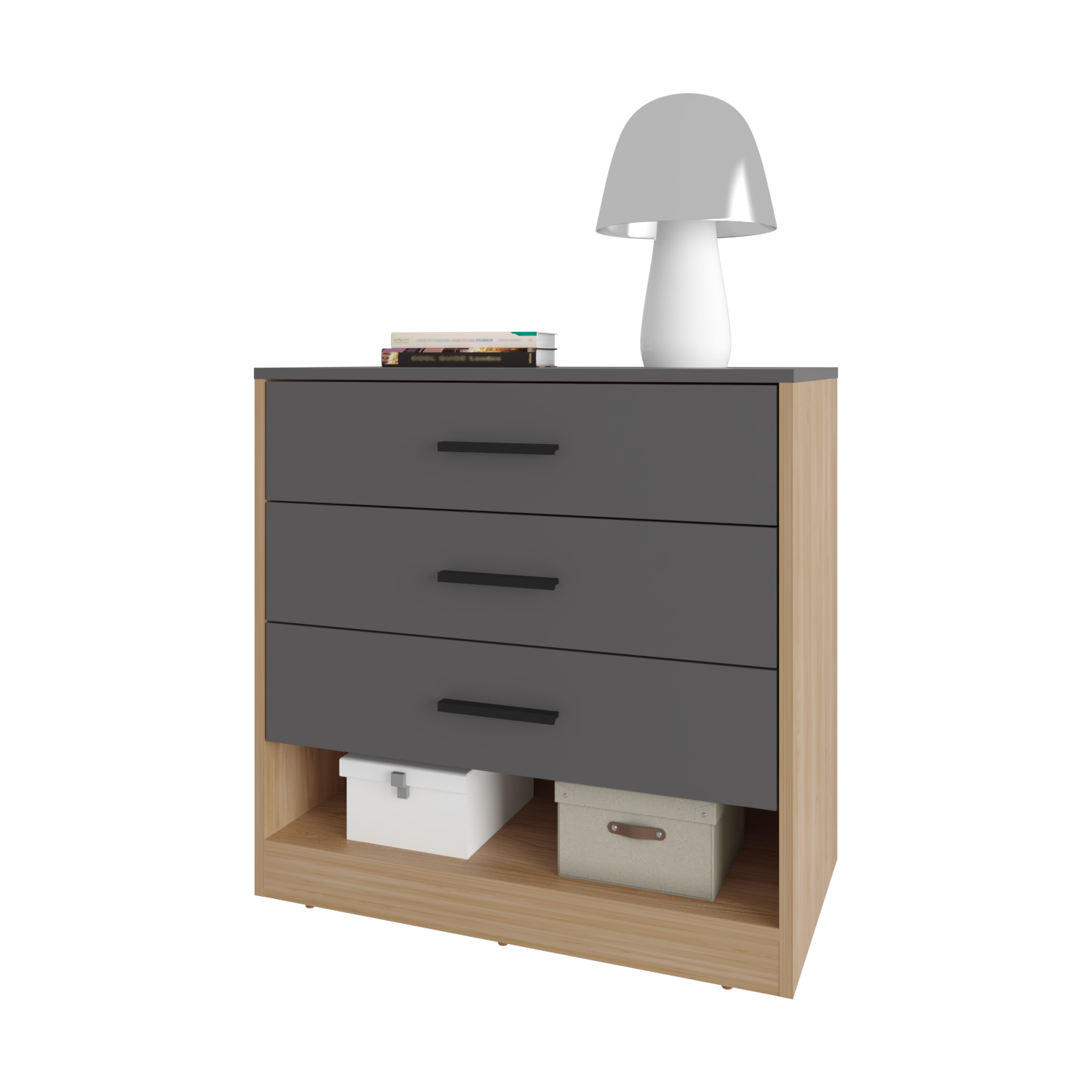 Lowrys Dresser with 3 Drawers and Open Shelf, Natural Oak and Matt Grey