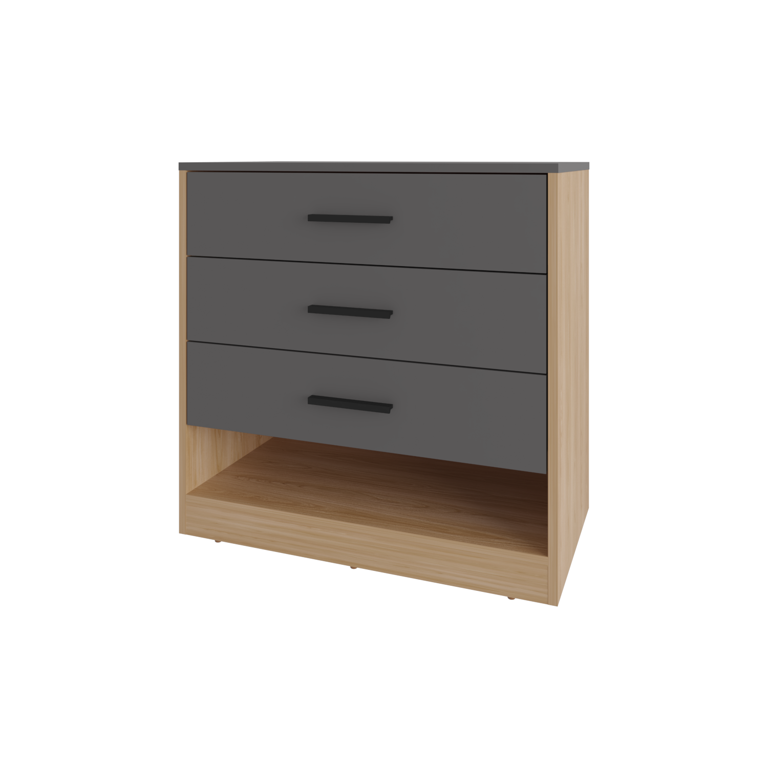 Lowrys Dresser with 3 Drawers and Open Shelf, Natural Oak and Matt Grey