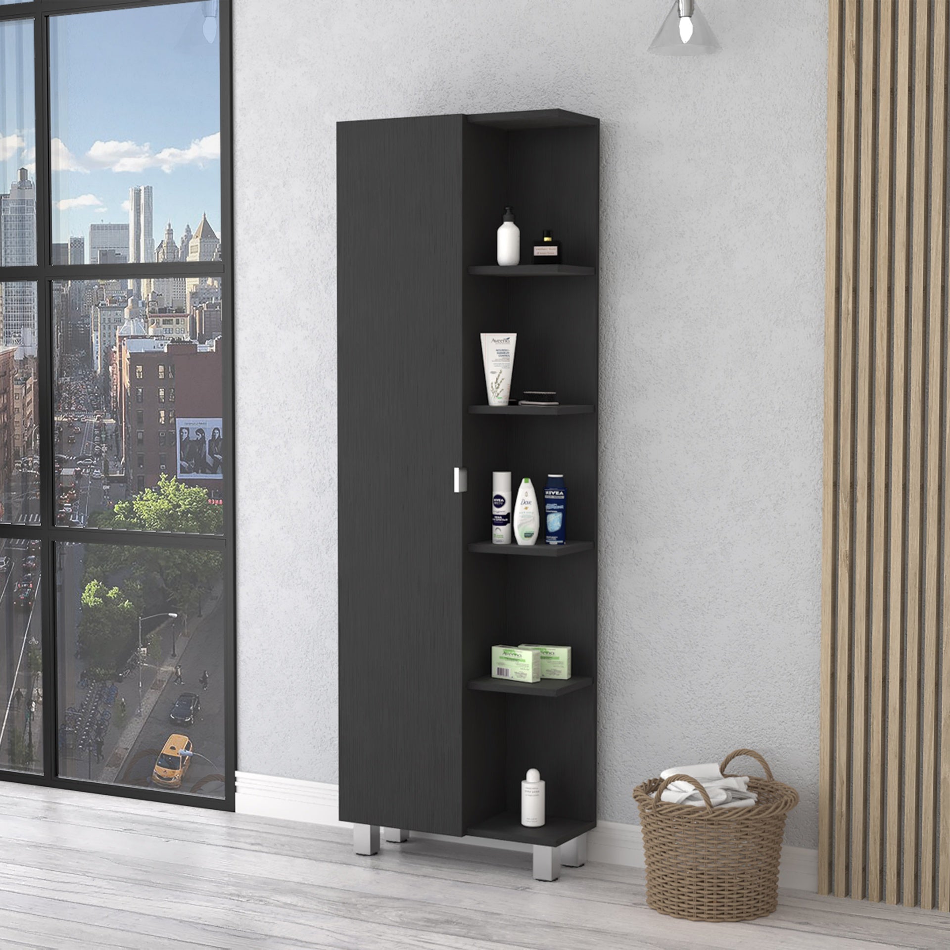 Los Angeles Linen  Cabinet, Five Shelves, One Cabinet, Divisions