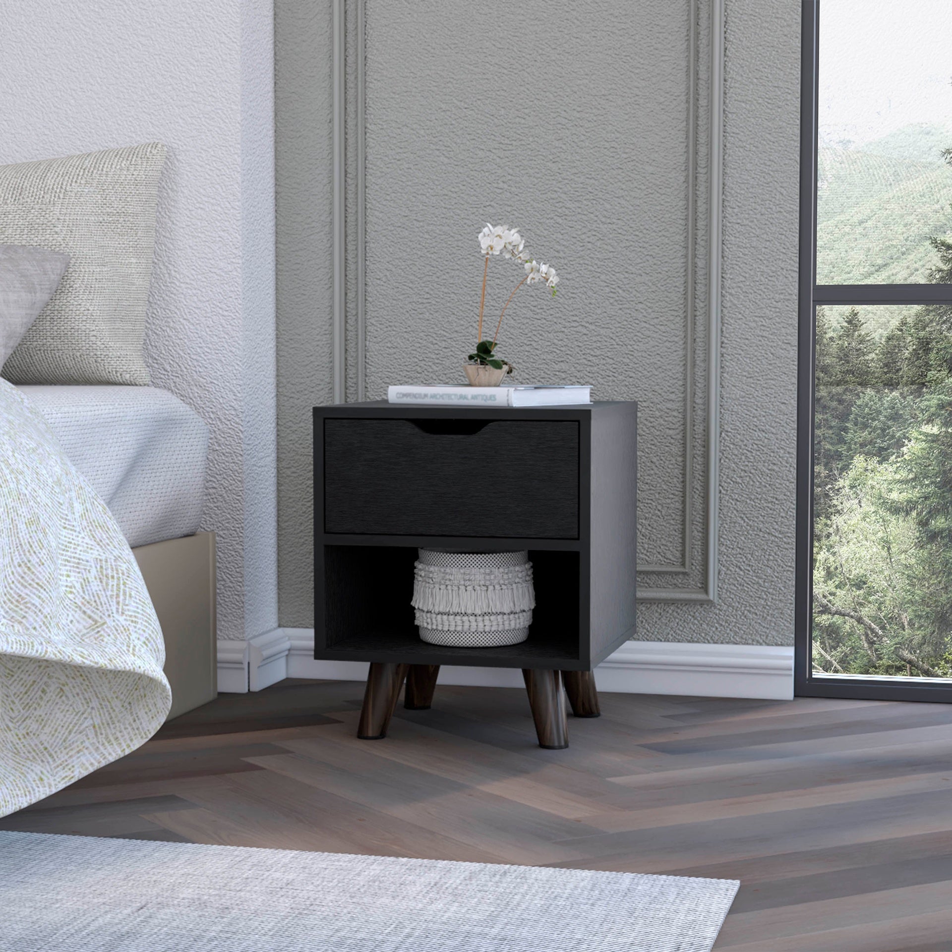 Carthage Nightstand with 1-Drawer, 1-Open Storage Shelf and Wooden Legs