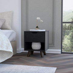 Carthage Nightstand with 1-Drawer, 1-Open Storage Shelf and Wooden Legs