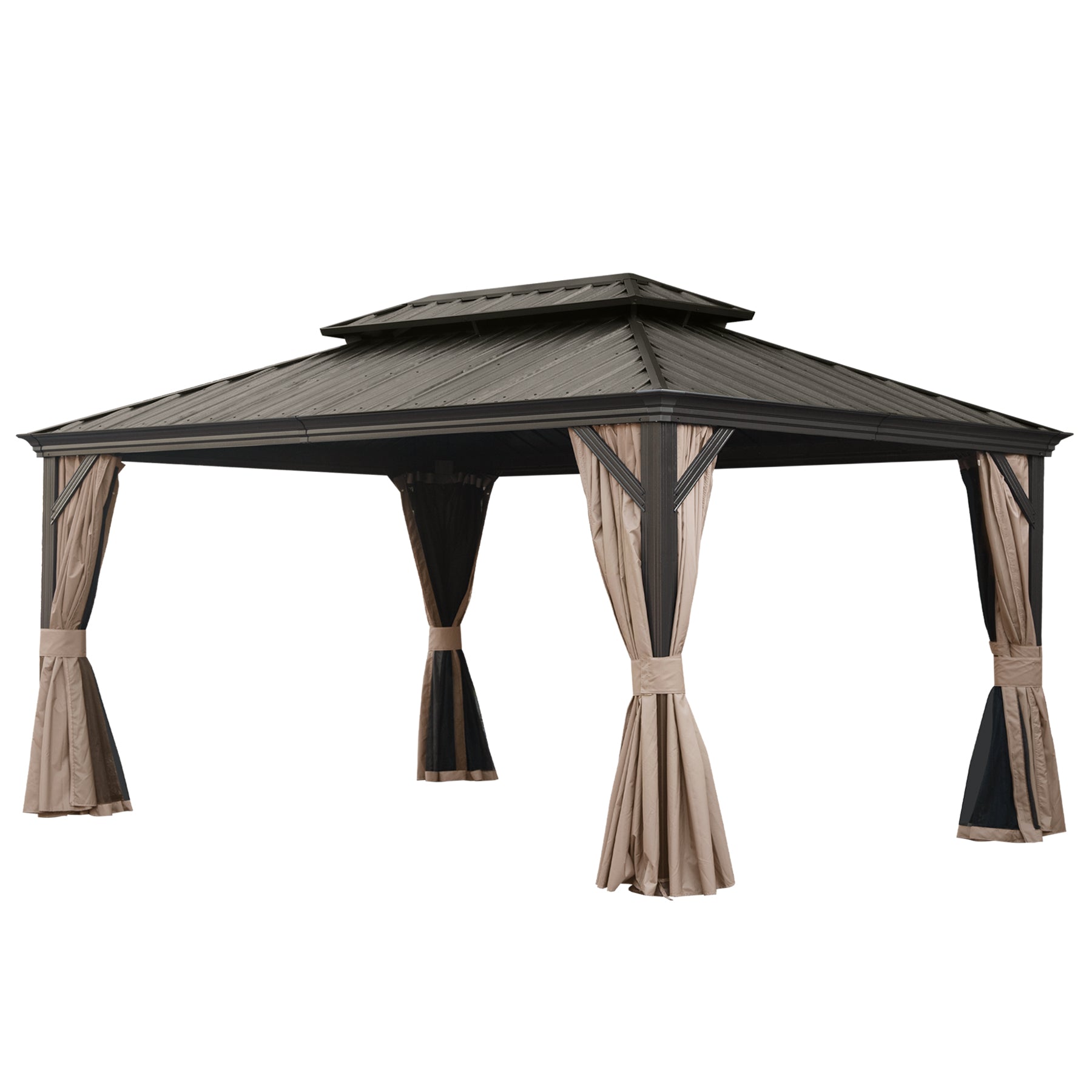 12' X 16' Hardtop Gazebo, Upgraded Metal Gazebo with Drainage System, Dual-Layer Galvanized Steel Roof, Curtain and Netting, Outdoor Shelter Canopy for Patio, Garden, and Backyard, Brown