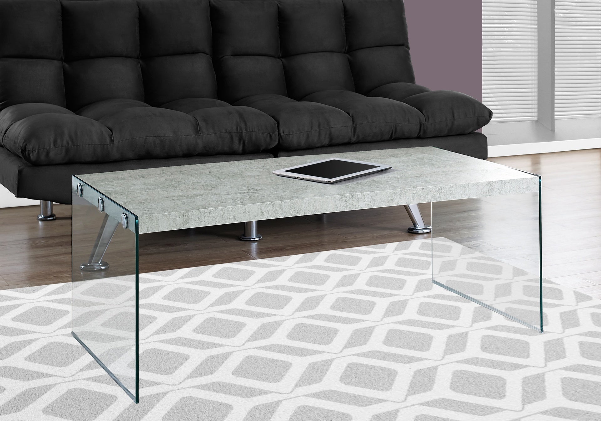 Coffee Table, Accent, Cocktail, Rectangular, Living Room, 44"l, Grey Laminate, Clear Tempered Glass, Contemporary, Modern