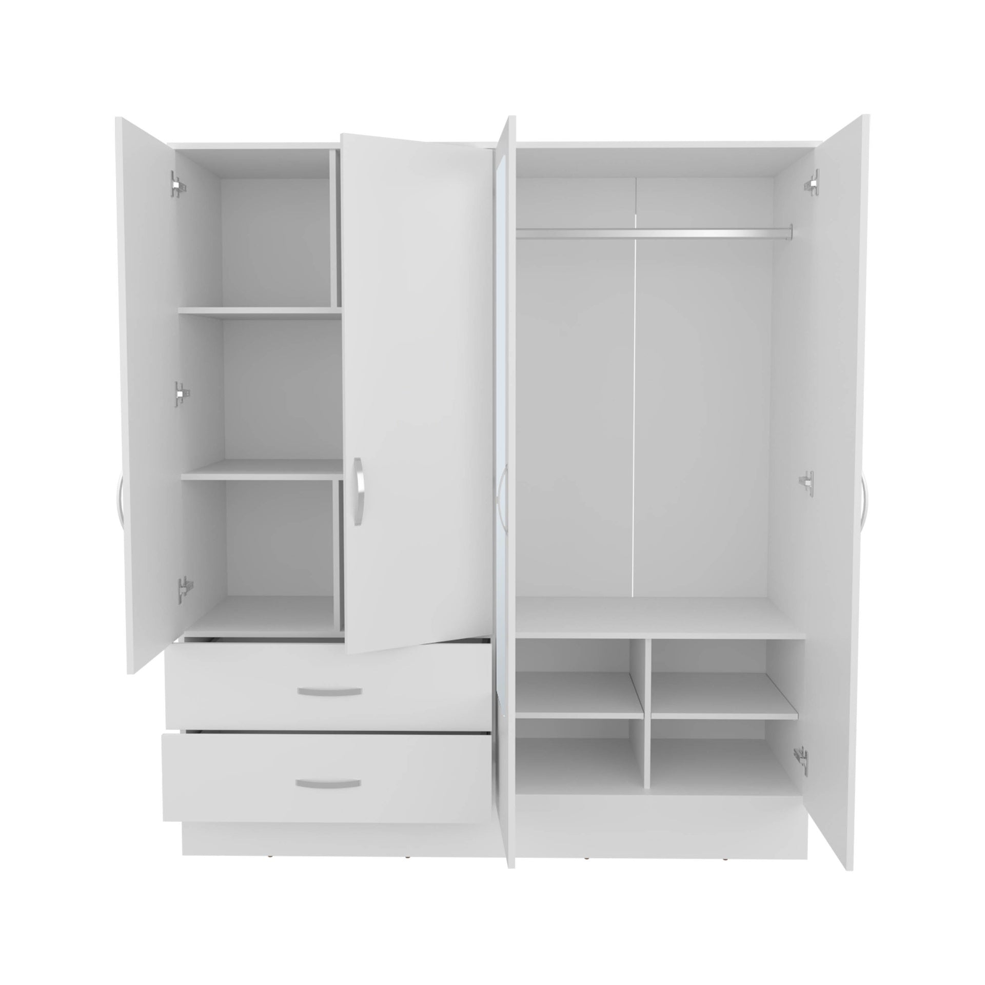 Gangi 160 Armoire, 4-door wardrobe , Two Mirrors, Metal Hardware, Two Drawers, Rod, Ten Shelves, White -Bedroom