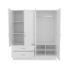 Gangi 160 Armoire, 4-door wardrobe , Two Mirrors, Metal Hardware, Two Drawers, Rod, Ten Shelves, White -Bedroom