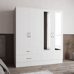 Gangi 160 Armoire, 4-door wardrobe , Two Mirrors, Metal Hardware, Two Drawers, Rod, Ten Shelves, White -Bedroom