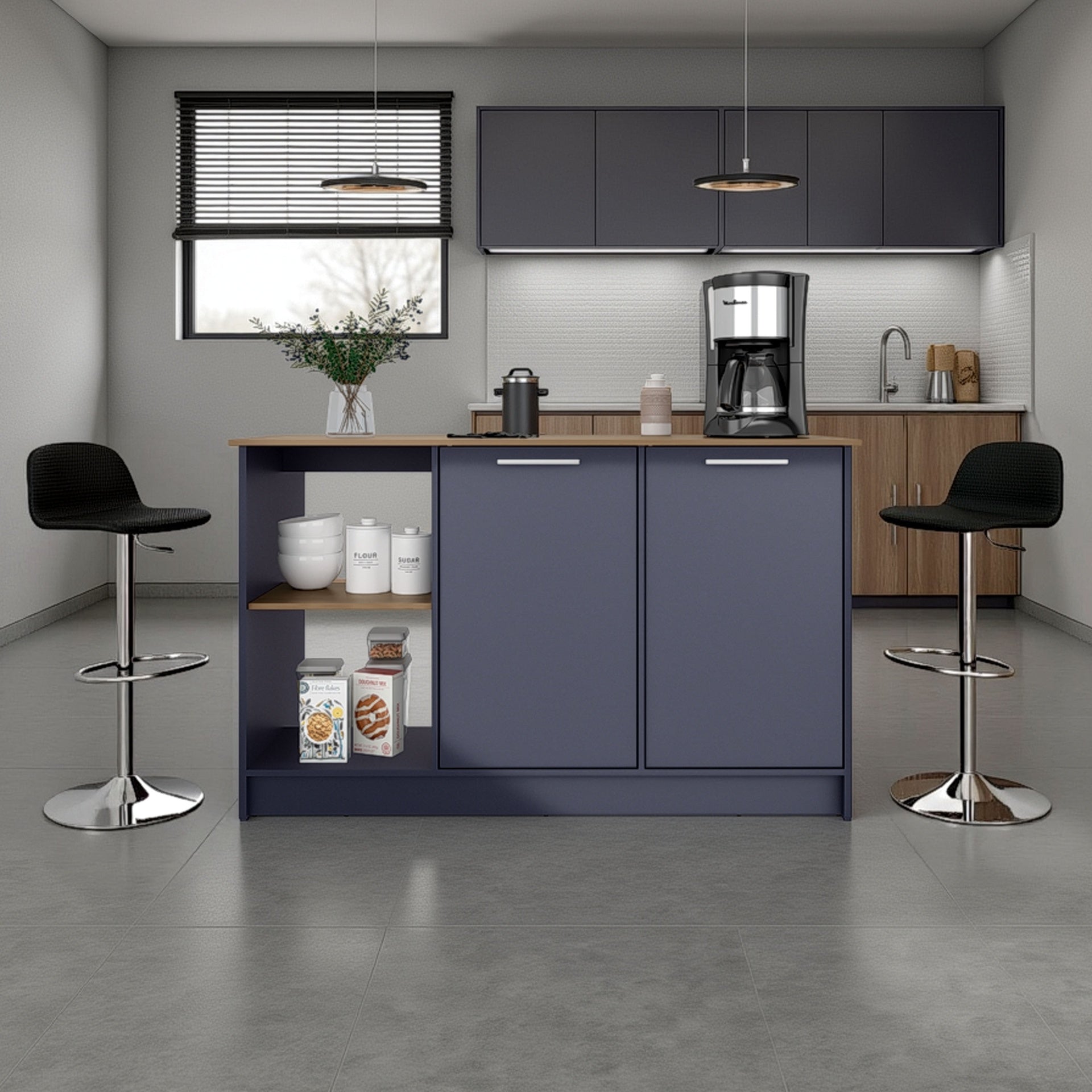 Kitchen Island 35.7" H, 2 Doors, 6 Shelves, Alby Blue / Natural Oak - Kitchen