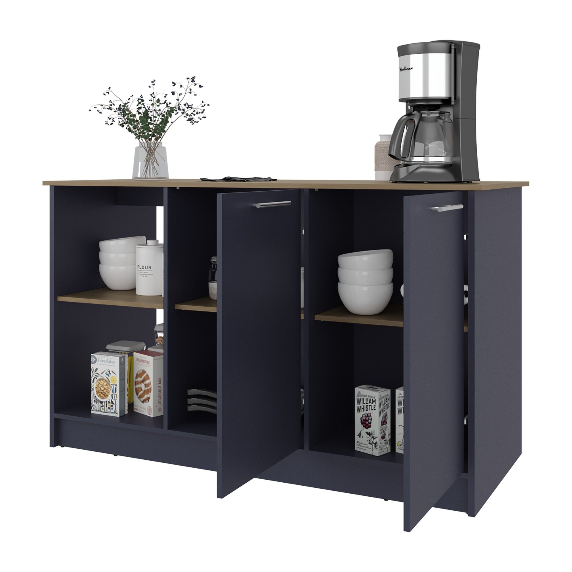 Kitchen Island 35.7" H, 2 Doors, 6 Shelves, Alby Blue / Natural Oak - Kitchen