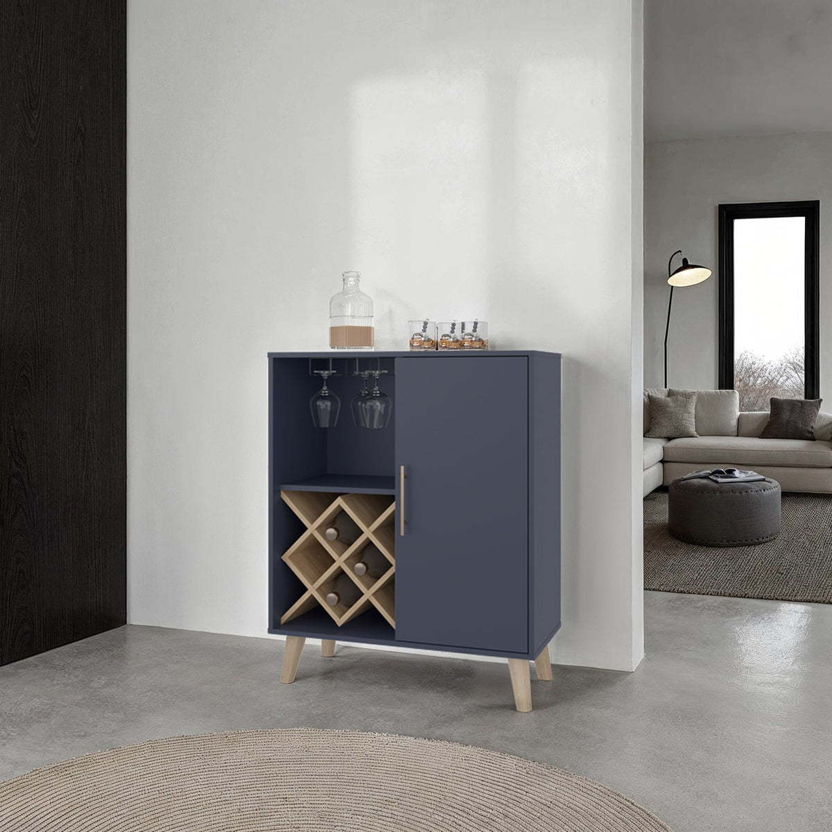 Bar Cabinet 38.6" H, 1 Door, 1 Drawer, 4 Shelves, Alby Blue / Natural Oak - Living Room