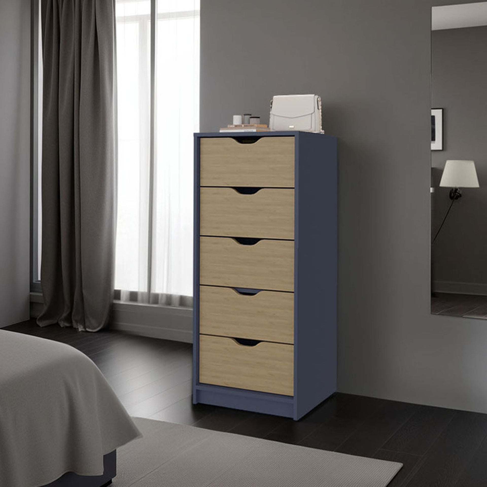 Dresser 42.4 inch H, 1 Drawer, 5 Shelves, Alby Blue / Natural Oak - Bedroom