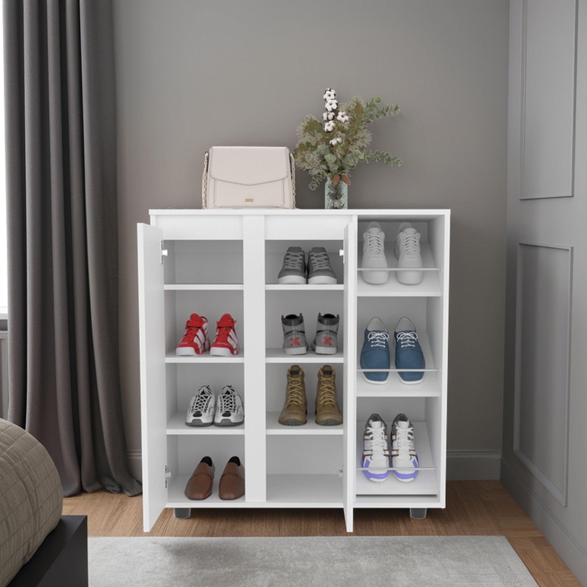 Shoe Rack 36" H, 2 Doors, 11 Shelves, White - Bedroom