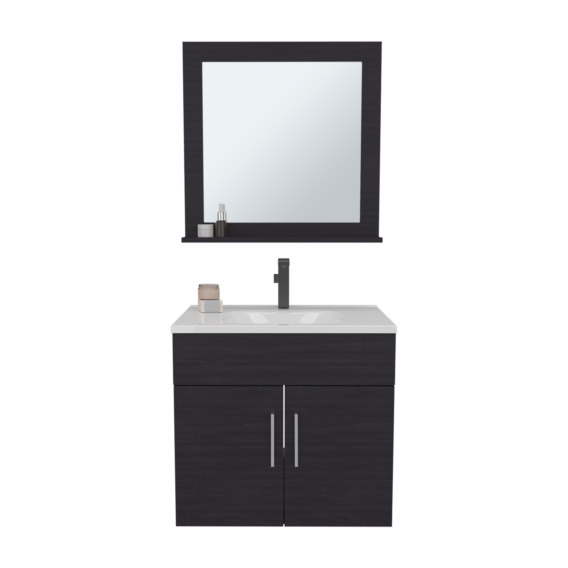 Bathroom Set, Vanity Sink + Mirror, 2 Doors, 1 Shelf, 1 Mirror, Black Wengue
