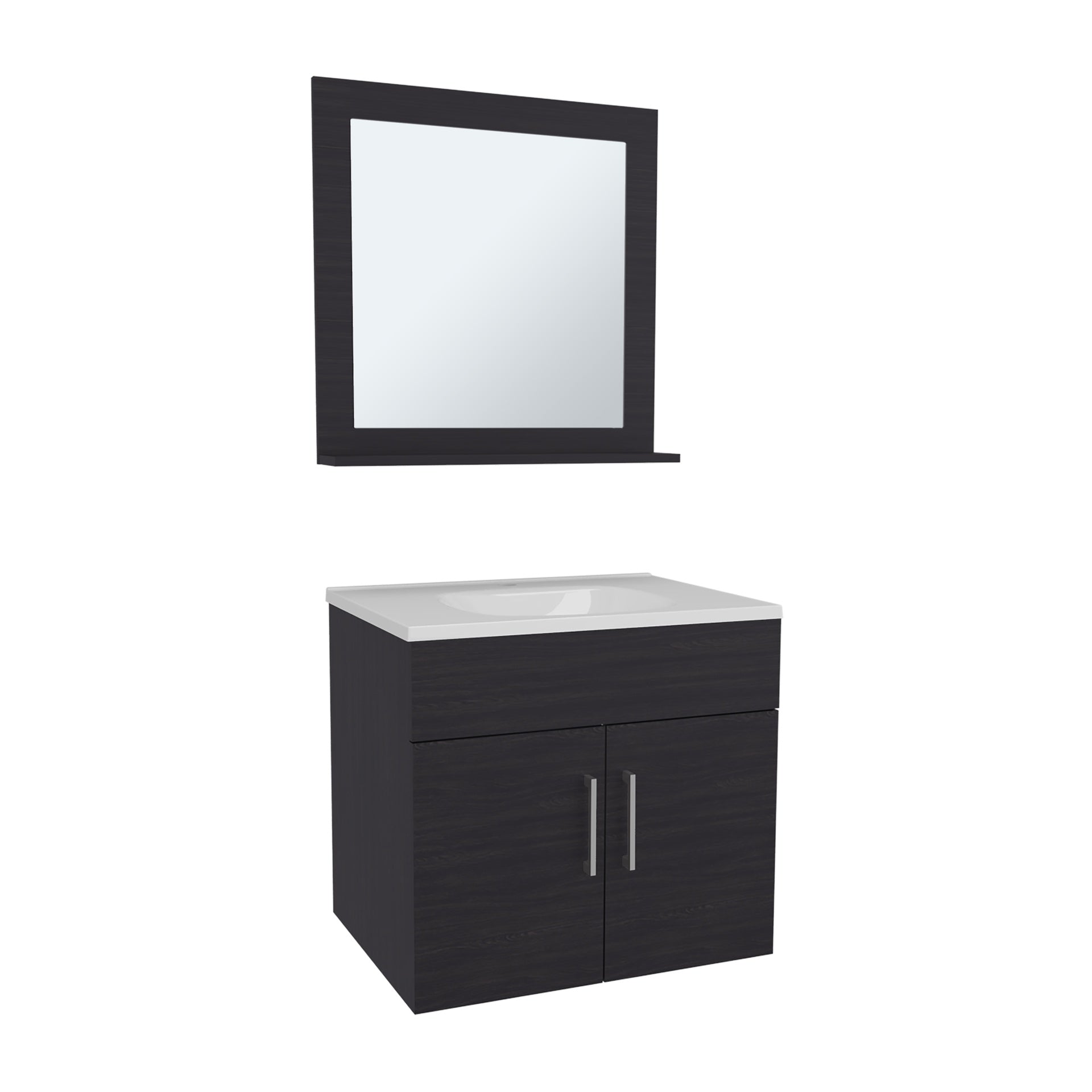 Bathroom Set, Vanity Sink + Mirror, 2 Doors, 1 Shelf, 1 Mirror, Black Wengue