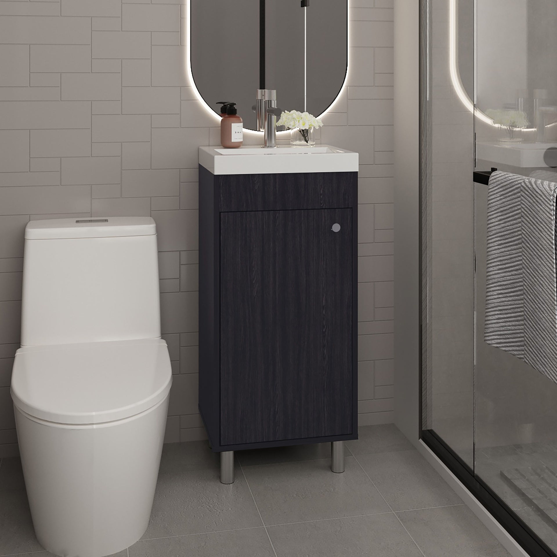 Bathroom Vanity with Sink, 1 Door, 4 Legs, 2 Shelves, Black Wengue