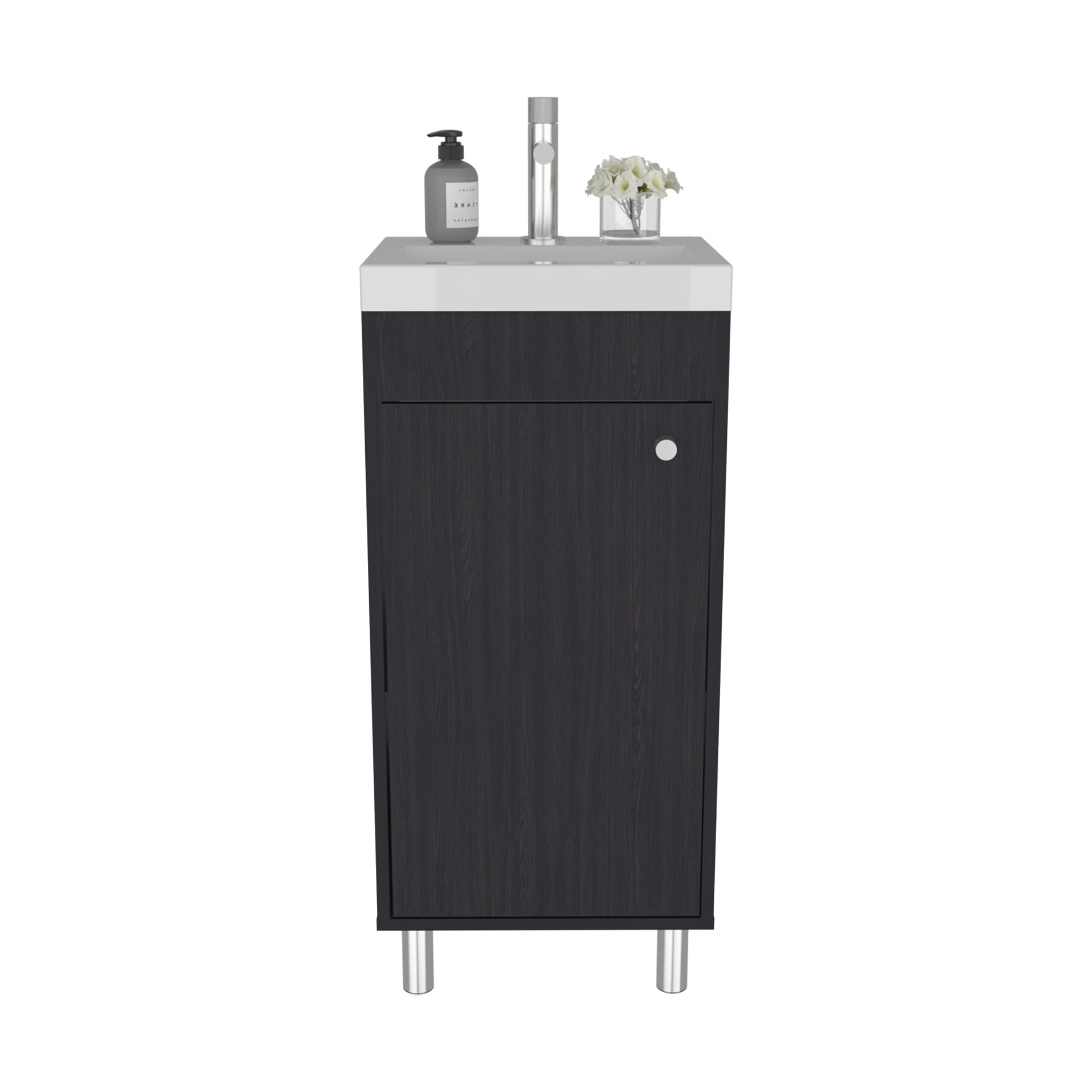Bathroom Vanity with Sink, 1 Door, 4 Legs, 2 Shelves, Black Wengue